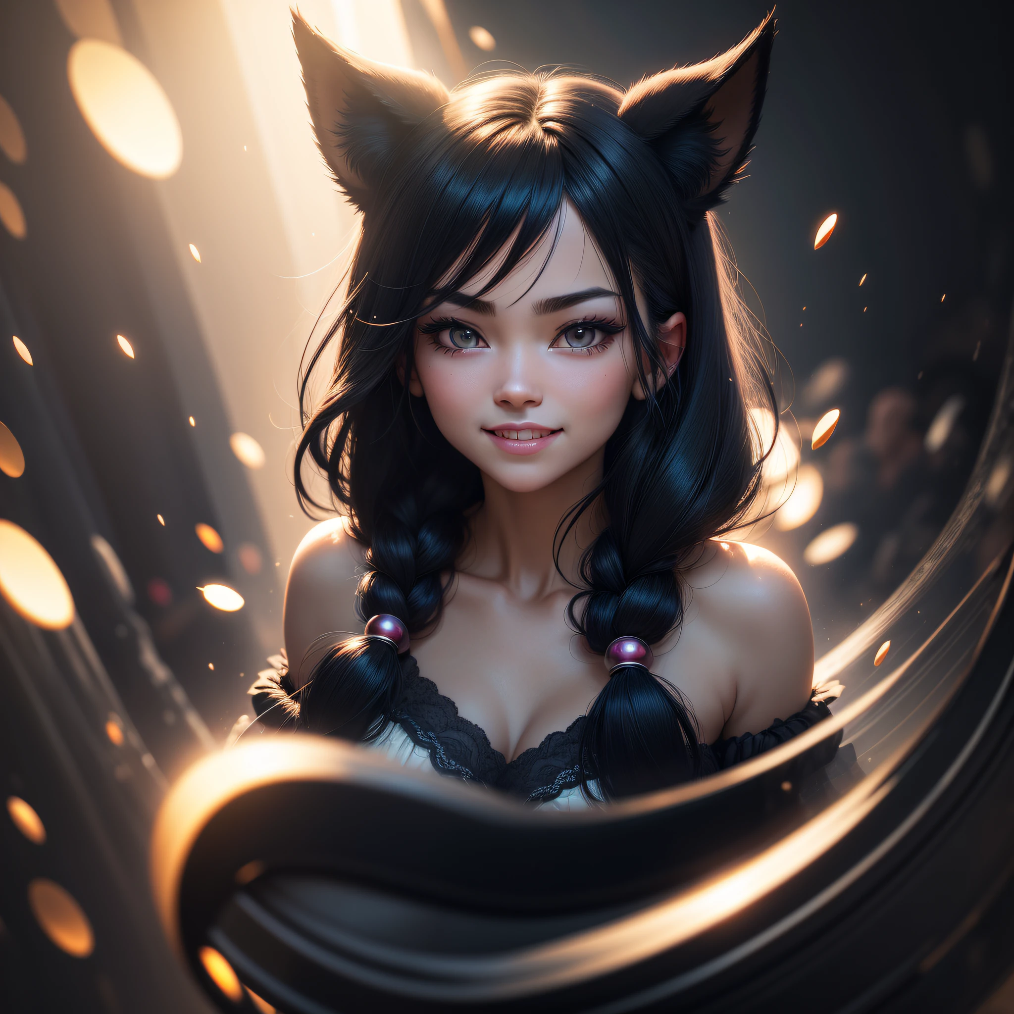 black hair, hair bobbles, wince, longeyelashes, solid circle eyes, fake animal ears, light smile, ear blush, fang, Surrealism, drop shadow, anaglyph, stereogram, tachi-e, pov, atmospheric perspective, chiaroscuro, cinematic lighting, motion blur, sparkle, blurry, jpeg artifacts, ray tracing, glowing light, god rays, 8k, super detail, ccurate, best quality