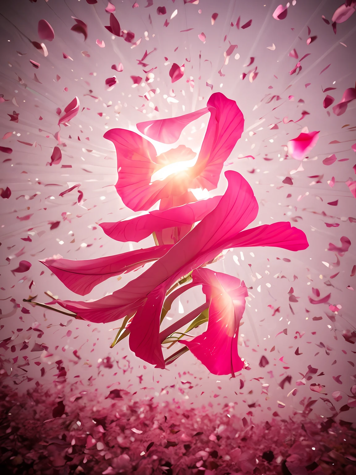 There is a pink flower floating in the air，There are bubbles, pink petals fly, Angel's trumpet, surreal waiizi flowers, Pink petals, falling flower petals, Soft petals fly, lily petals, sergey zabelin, author：Etienne Dressett, author：Dietmar Dammelau, author：Matthias Wescher, depicting a flower, pink flower, look from down