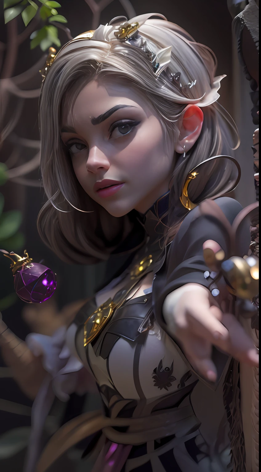 The power at Valentina's disposal is as beguiling as her appearance. She weaves illusions, manipulating minds and perceptions, leaving her enemies second-guessing their own reality. Her delicate fingers conjure ethereal shadows that drain the vitality of her foes, ensnaring them within her web of deceit. --q 99 --hd --testp --chaos 90, 3D rendering style (3DMM_V12) 3DMM