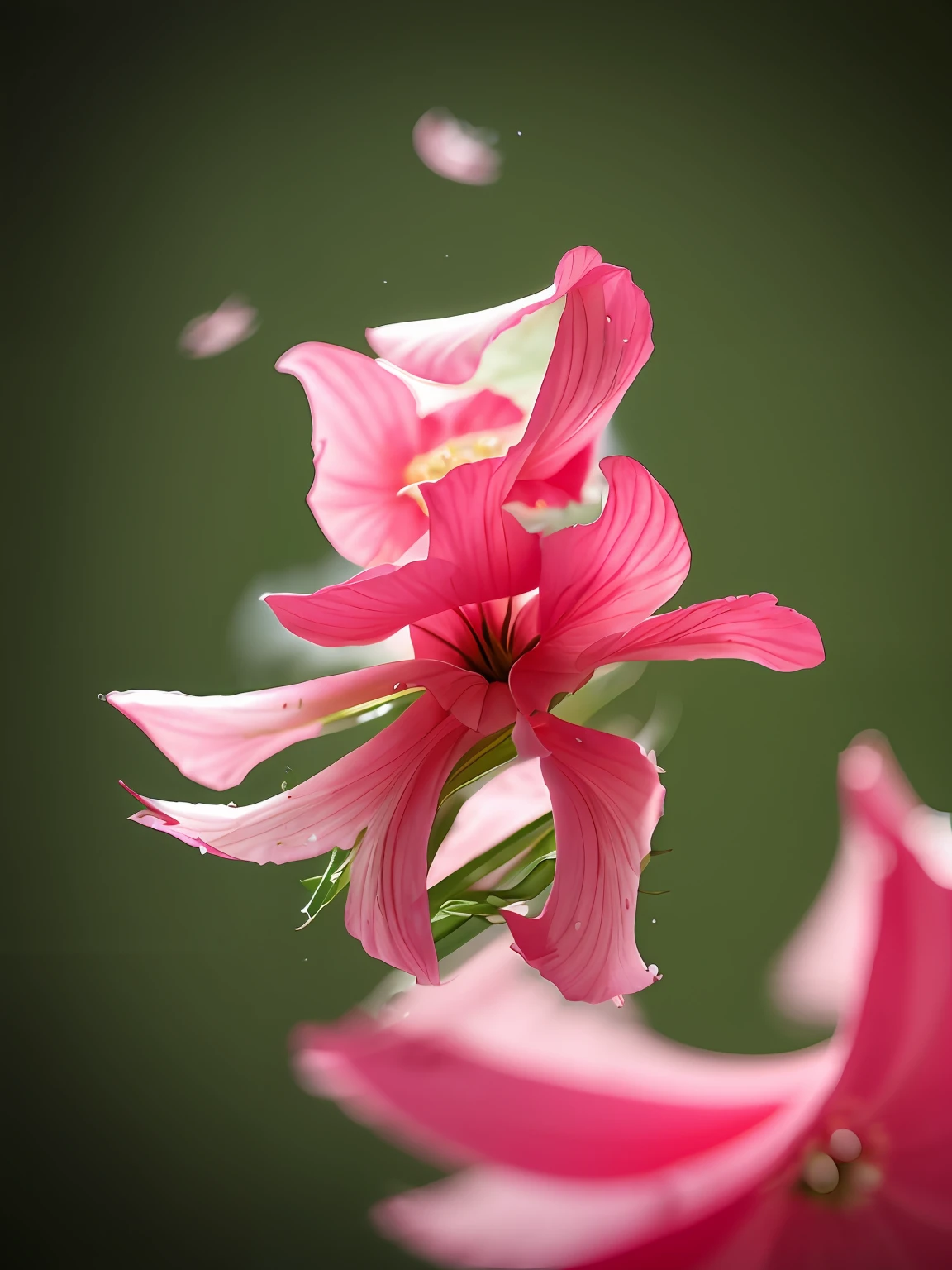 water melon,There is a pink flower floating in the air,There are bubbles, pink petals fly, Angel's trumpet, surreal waiizi flowers, Pink petals, falling flower petals, Soft petals fly, lily petals, sergey zabelin, author:Etienne Dressett, author:Dietmar Dammelau, author:Matthias Wescher, depicting a flower, pink flower, look from down