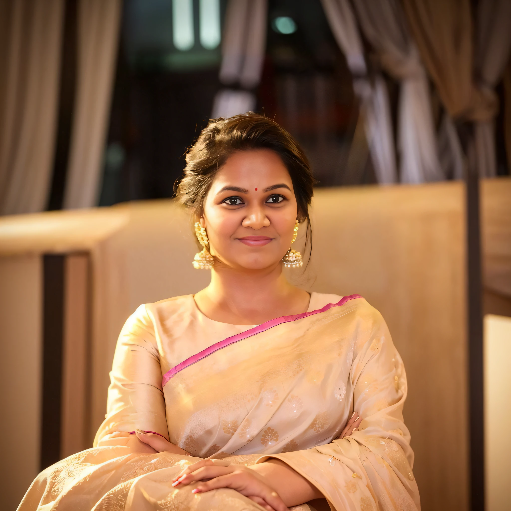anupa karth in a sari sari, with lovely look, with cute - fine - face, beautiful and smiling, sharandula, actress, friedly smile, inspired by T. K. Padmini, peredvishniki, with a pouting smile, candid picture, with a seductive smile, she is smiling, with round cheeks