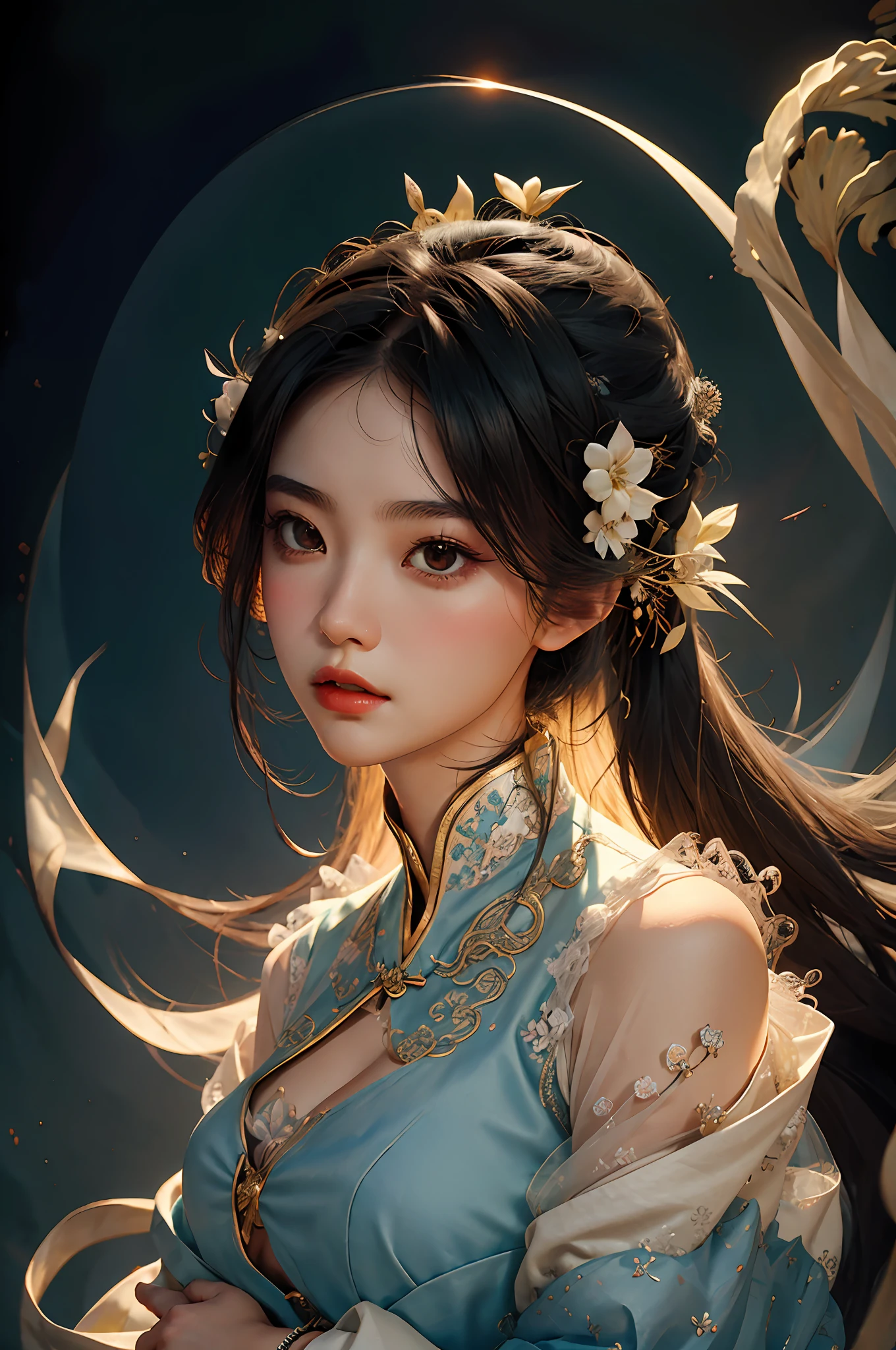 Zhong Fenghua, 1girll, (full bodyesbian) 独奏, Hanfu, flower field, blossom flower, (White smoke:1.3) (realisticlying:1.5), Zen entanglement, datura, entangled, offcial art, Unity 8k壁纸, ultra - detailed, Beautiful and beautiful, tmasterpiece,best qualtiy, (dynamic angle:1.4), (Realistic:1.5),(Real human photos;1.5),Glowing skin, (Floating colorful flashes:1),The most beautiful forms of chaos,ellegance,Fauvistdesign,vivd colour,Romanticism Depth of Field,