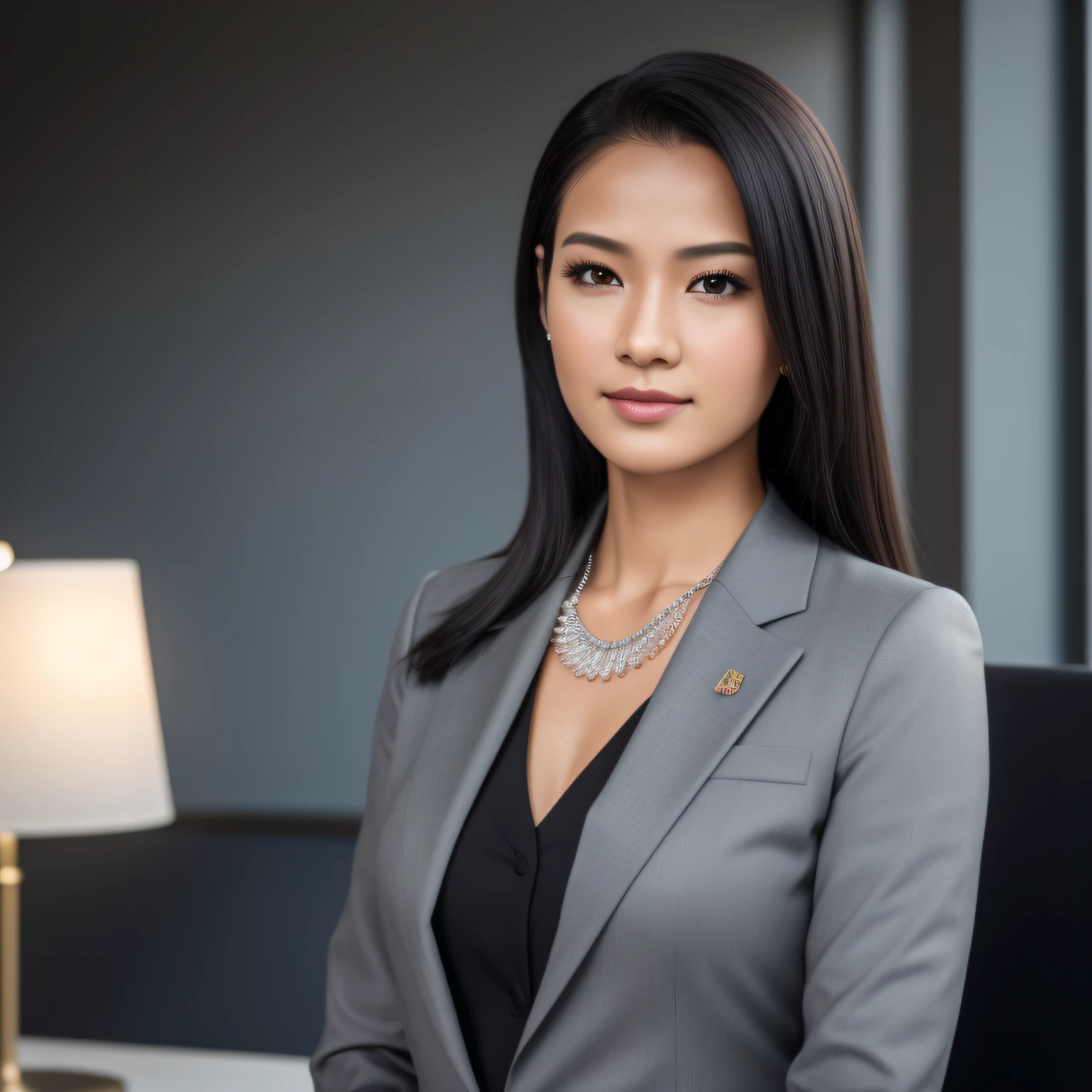 arafed woman in a gray suit posing for a picture, wearing business suit, woman in business suit, wearing a business suit, girl in suit, well lit professional photo, professional closeup photo, wearing black business suit, female in office dress, girl in a suit, close-up professional portrait, indonesian woman, an asian woman, wearing a strict business suit. (makeup:0.3), full body shot:1.3,bokeh:1.2, indoors, smooth skin, necklace, black_hair, realistic_detailed_skin_texture, good hands, good feet, (8k, RAW photo, best quality, masterpiece:1.2), (realistic, photo-realistic:1.37), ultra high res, photon mapping, radiosity, ((Hasselblad photography)),physically-based rendering, professional soft lighting, light on face