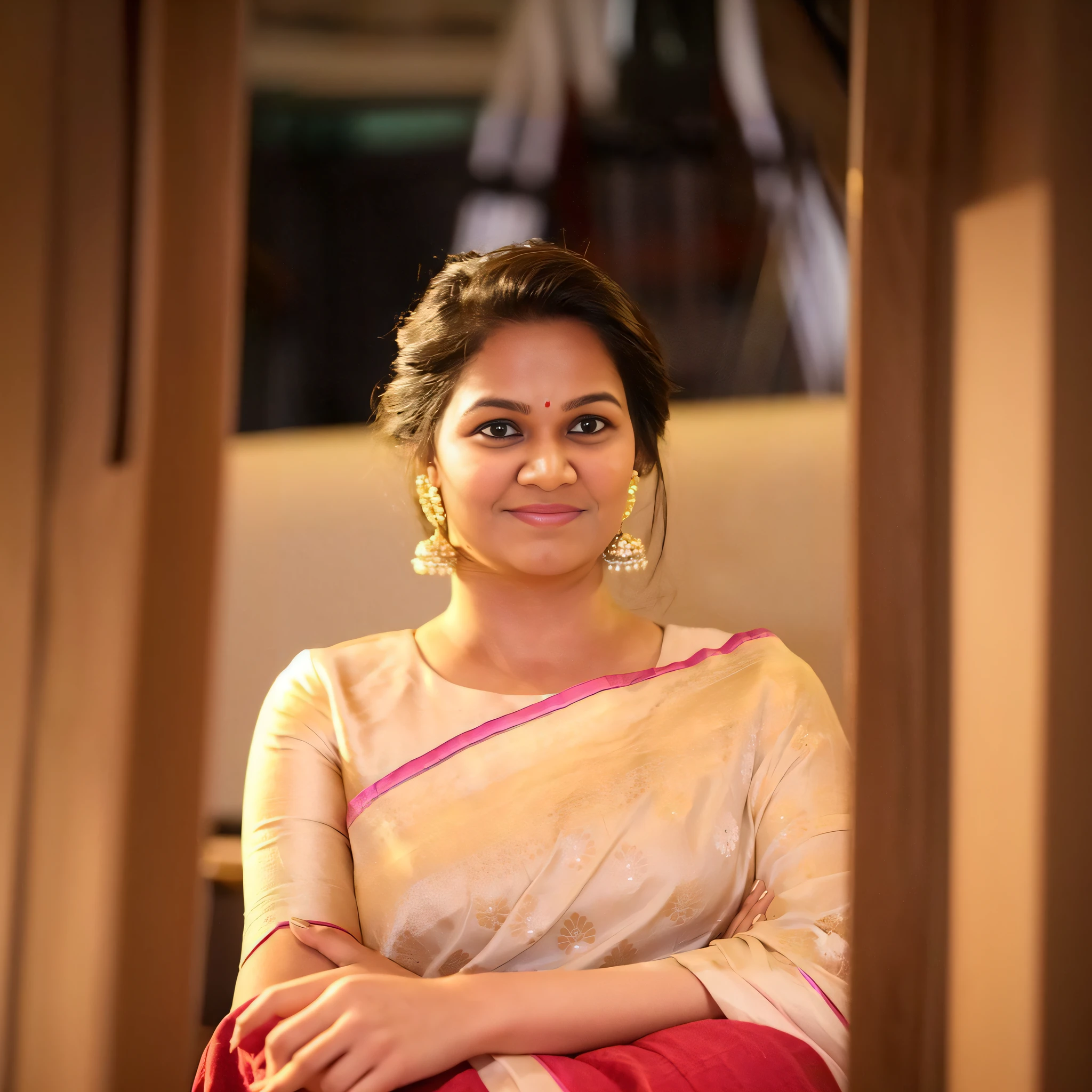 anupa karth in a sari sari, with lovely look, with cute - fine - face, beautiful and smiling, sharandula, actress, friedly smile, inspired by T. K. Padmini, peredvishniki, with a pouting smile, candid picture, with a seductive smile, she is smiling, with round cheeks