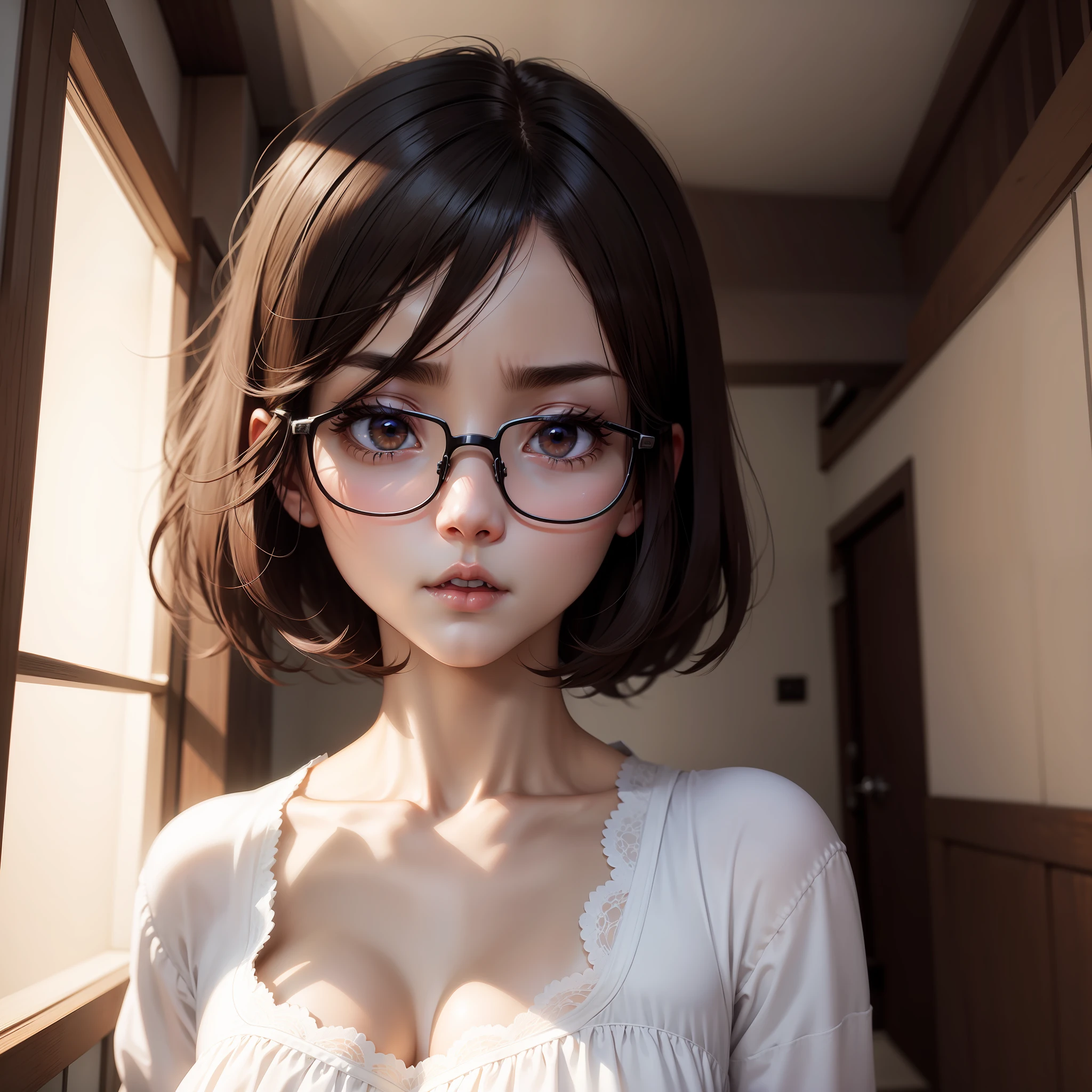 White blouses　　Anime style　inside in room　The upper part of the body　angry looking face　A dark-haired　eye glass　bobhair