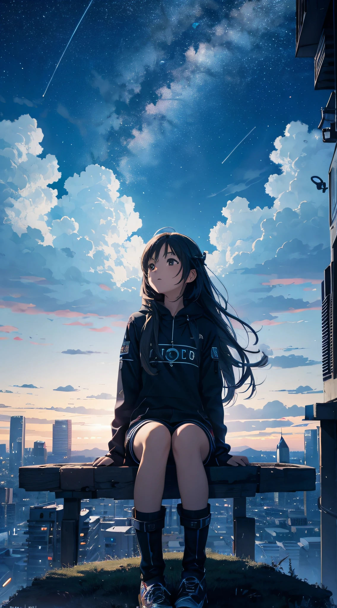 octans, sky, star (sky), scenery, starry sky, night, 1girl, night sky, solo, outdoors, building, cloud, milky way, sitting, tree, long hair, city, cityscape, best quality, 8K