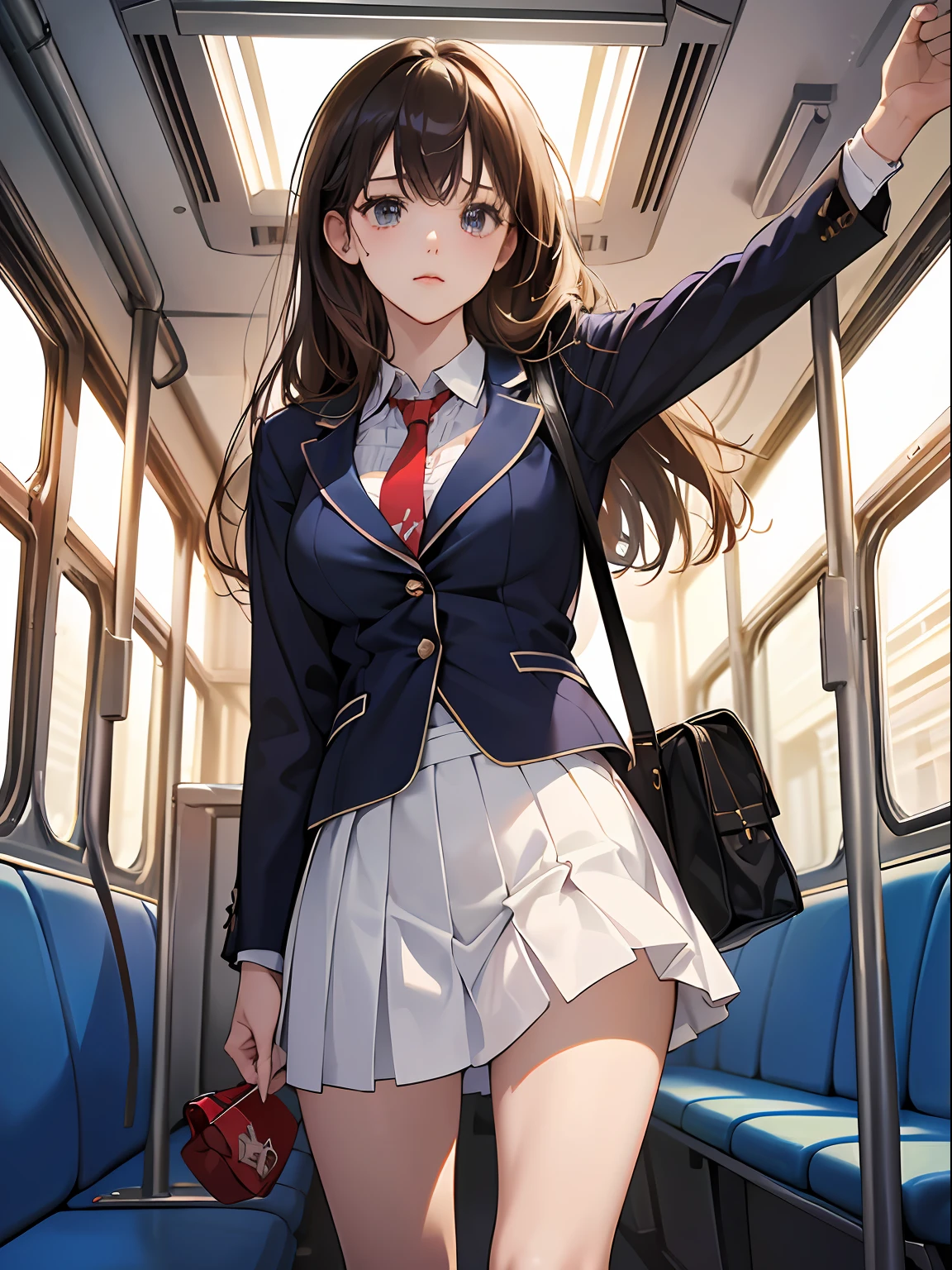 Dark blue blazer、white  shirt、Red Big Ribbon、(Super Mini Flared Skirt), Red tie, White socks, lowfers,Light Brown Fringe Longhair、disheveled hair、Light brown eyes、1girll、(Shy look)、(Photorealsitic)、(intricate detailes:1.2)、(​masterpiece、:1.3)、(top-quality:1.4)、(超A high resolution:1.2)、超A high resolution、(A detailed eye)、(detailed facial features)、nffsw、8K分辨率、、(lensflare:0.7)、((((((爆乳)))))、Valley、Emphasize the valley、a short skirt、I'm worried that I can't see my underwear、Touching the skirt、beauty legs、Seductive thighs、Emphasis on the thighs、facing the front there、frombelow、Standing on the train、School bag、A small stuffed animal is hanging in a bag、The other passenger is a classmate's cute girl