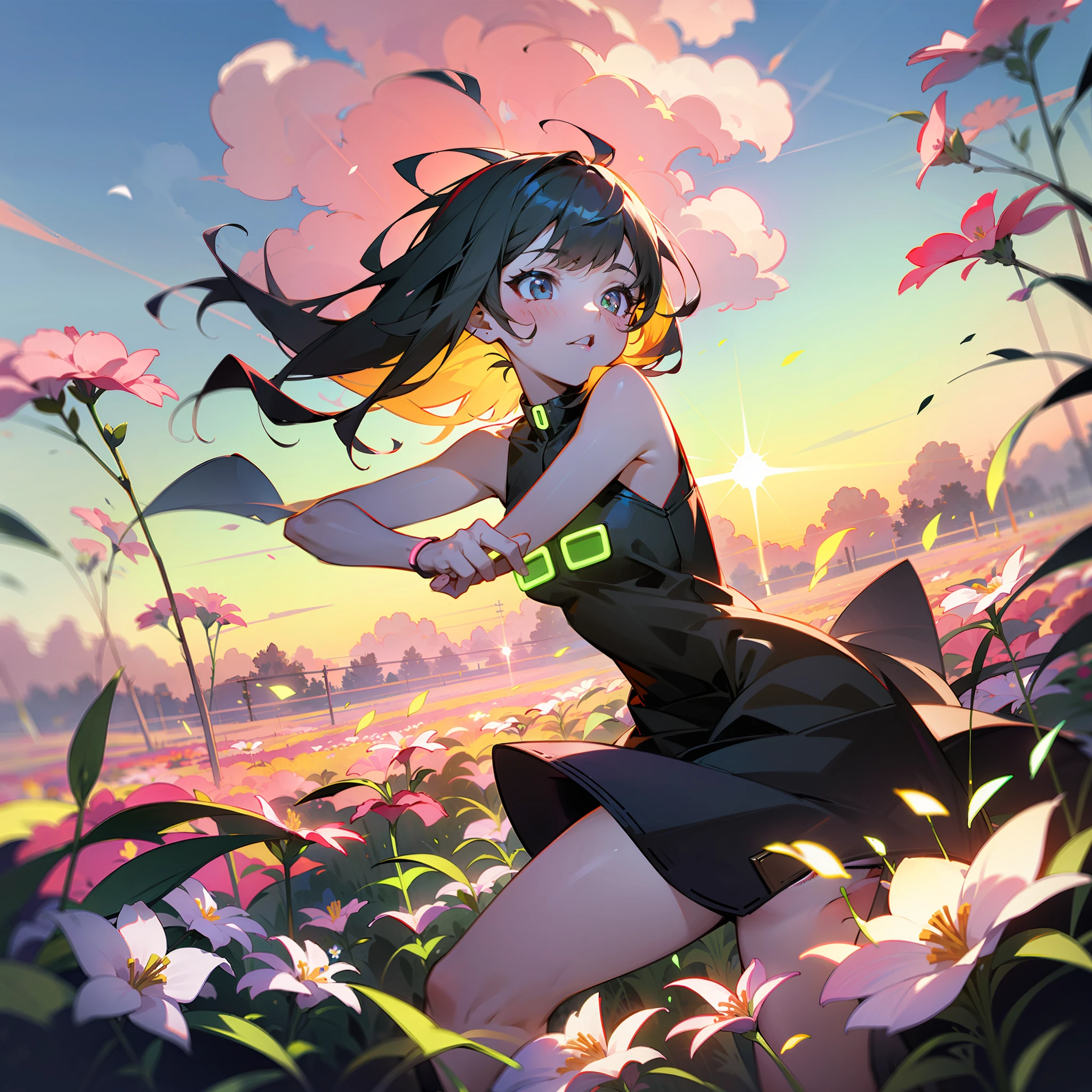 girl running in field, (((neon flowers))), mid shot, portrait, clouds, sunrise