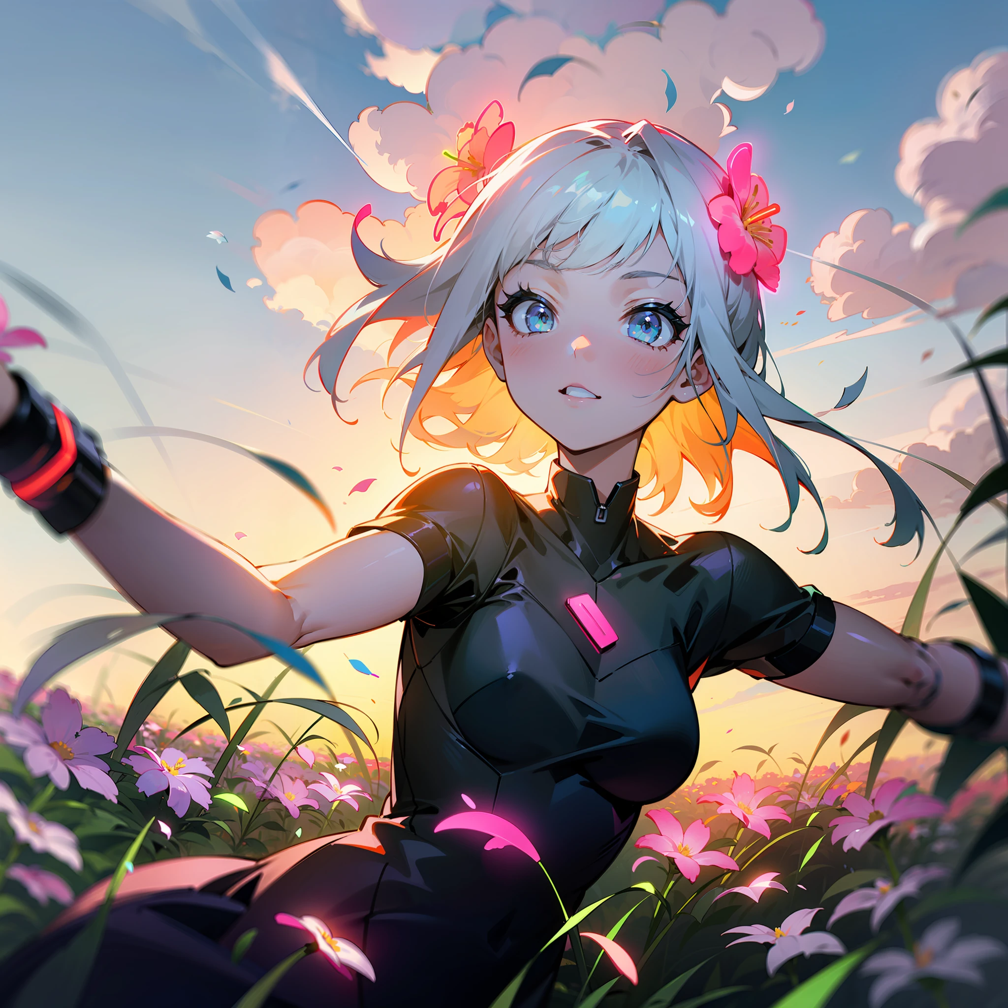 girl running in field, (((neon flowers))), mid shot, portrait, clouds, sunrise