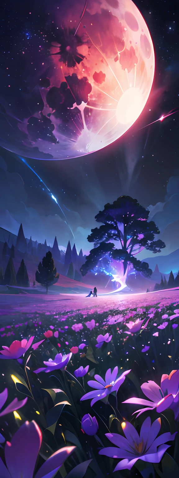 expansive landscape photograph , (a view from below that shows sky above and open field below), a girl standing on flower field looking up, (full moon:1.2), ( shooting stars:0.9), (nebula:1.3), distant mountain, tree BREAK
production art, (warm light source:1.2), (Firefly:1.2), lamp, lot of purple and orange, intricate details, volumetric lighting, realism BREAK
(masterpiece:1.2), (best quality), 4k, ultra-detailed, (dynamic composition:1.4), highly detailed, colorful details,( iridescent colors:1.2), (glowing lighting, atmospheric lighting), dreamy, magical, (solo:1.2)