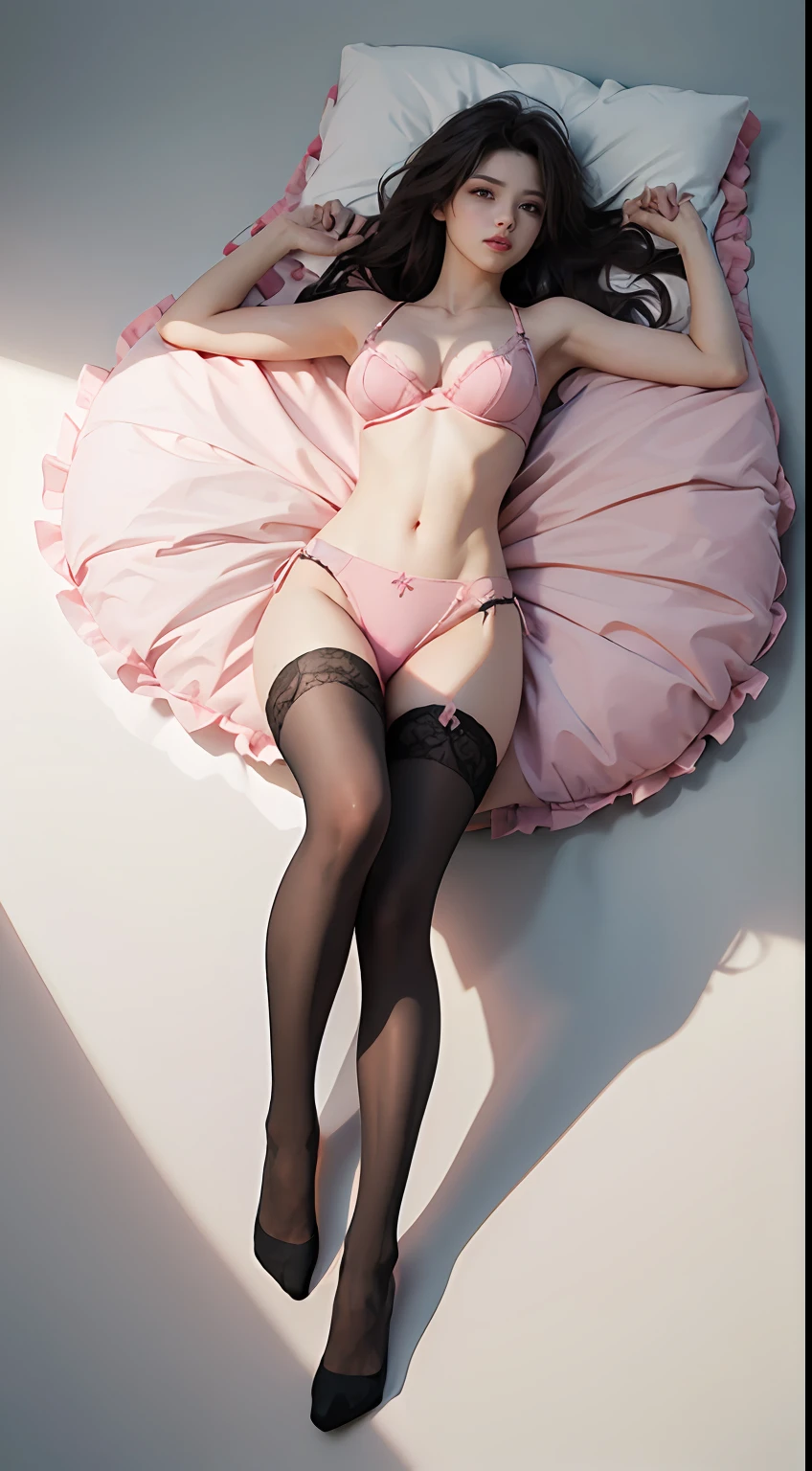 (Extreme Detail CG Unity 8K wallpaper, masterpiece, highest quality), (exquisite lighting and shadow, highly dramatic picture, cinematic lens effect), (top view), (full body portrait), a 22-year-old girl lying down, beautiful, slim figure, long hair, pink bra, pink panties, ((black stockings)), long legs, ((legs forked)),