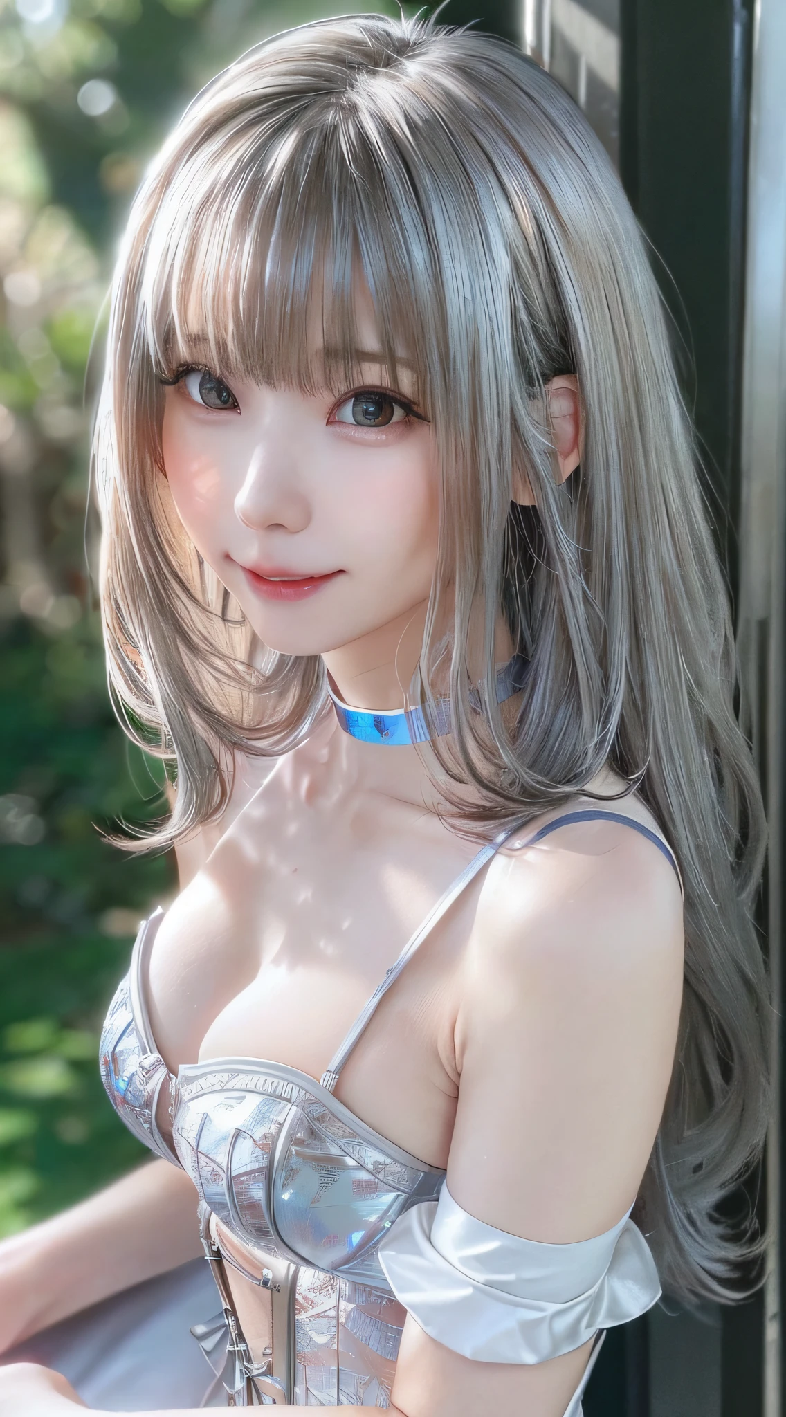 ((close mouth))、((high détails))、((Very strong sunlight))、((((Beautiful silver hair))))、((small head))、(Beautiful silver hair with short wavy:1.2)、FULL BODYSHOT、(((8K, Raw photography)))、 (((The face is Enako of a cosplayer))),(Shot from above in highly detailed 8K)、(extremely delicate and beautiful)、(​masterpiece)、(top-quality:1.0)、(超A high resolution:1.0)、realistic shadow、[hight resolution]、 Detailed skin、ultra-detailliert、(Beautiful hair)、Photorealsitic、Lifelike face、big breasts thin waist、realisticeyes、Small eyes、is looking at the camera、(((between breasts)))、(eye liner)、(mascara)、 Lips with pink lips、((Very happy smile))、Show shoulders、Complex pattern、Basking in the hot sun、It makes you feel the delicate beauty and charm of nature。(((intricate detailes))、a choker、NSFW,((top-quality、8K、​masterpiece:1.3))、Crisp focus:1.2、 (((Hologram Red Corset))),