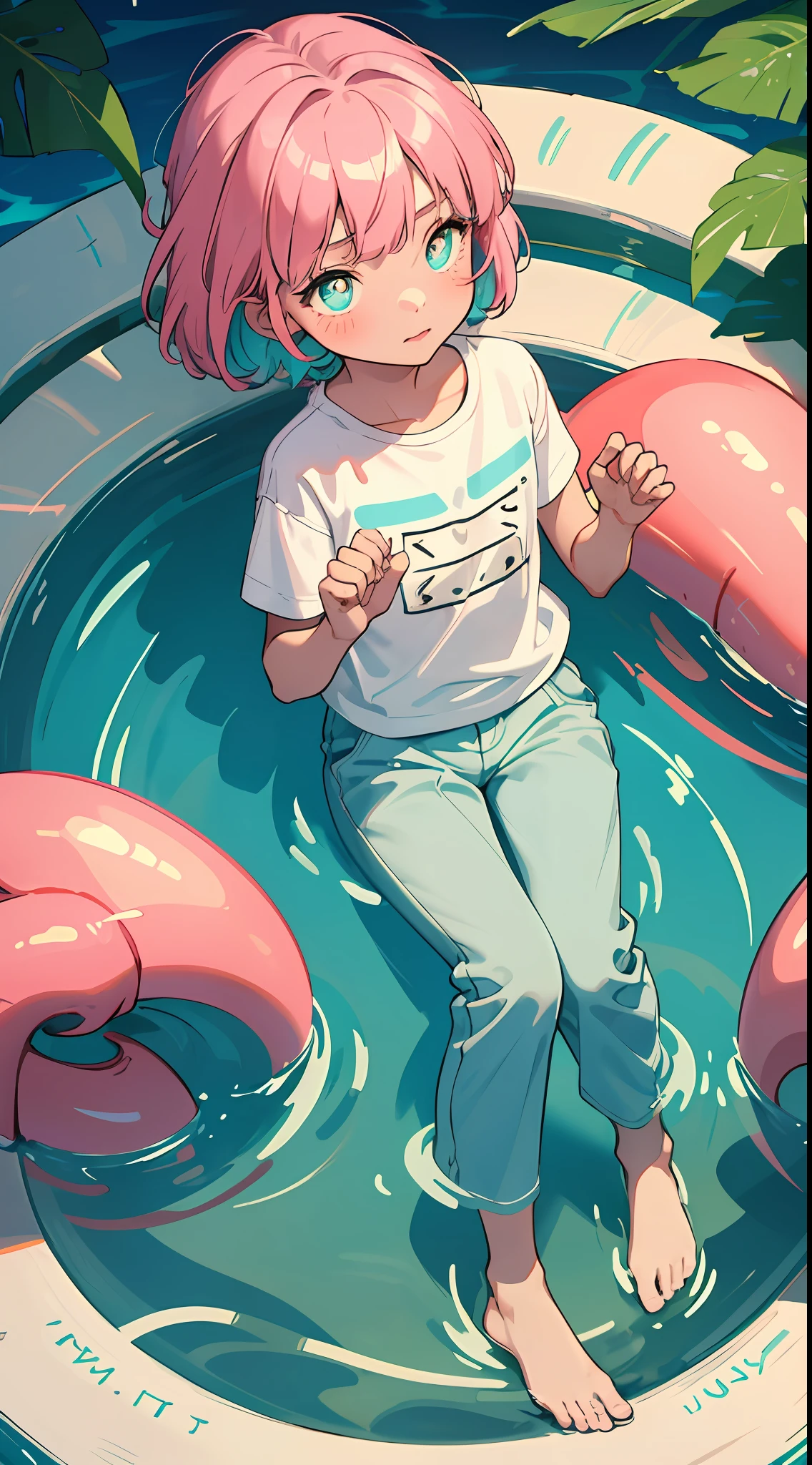 8K,best qulity,The Masterpiece,1 cute girl ,10 yeak pupils,pink tinted hair,Natural volumes,shorter hair,T-shirt and pants, Lovely lace edges,Children's figure,Thin ankles,Barefoot,Turquoise pool background,Cute swimming ring,Welcoming summer atmosphere,relaxed,colourful,Normal hands,Delicate fingers