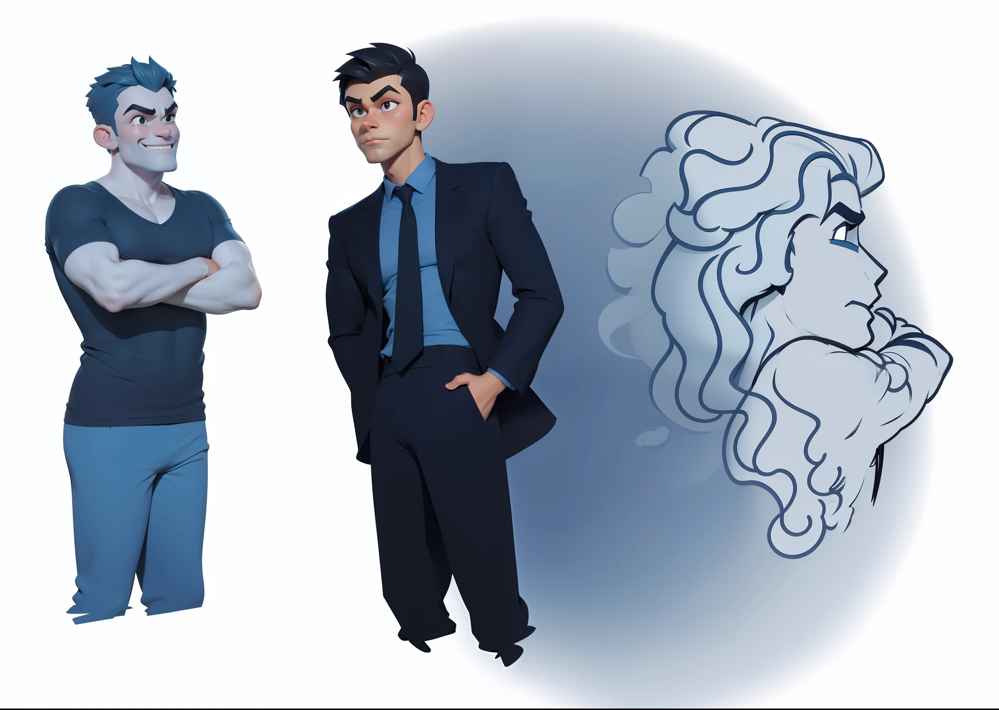 Cartoon of a man next to another man with his arms crossed, dois homens bonitos  e no fundo uma mulher passando batom