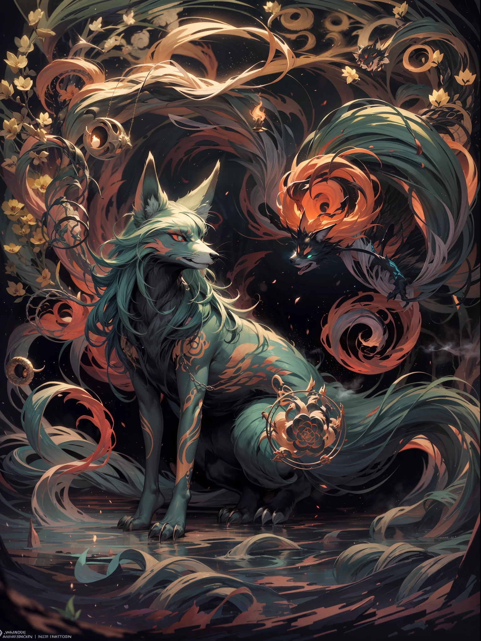 This captivating image showcases an evil and dark nine-tail fox spirit, portrayed as a sinister kitsune. The creature's menacing presence is enhanced by its ethereal and otherworldly appearance. Its nine tails, flowing with an eerie energy, twist and curl with an almost serpentine grace. Each tail is adorned with intricate patterns and symbols, adding to the mystique of the spirit.
BREAK
The kitsune's fur is a deep, rich black, emanating an aura of darkness and malevolence. Its piercing eyes, glowing with an unholy light, are filled with cunning and malice. The creature's form is sleek and agile, exuding an air of supernatural power and grace.
BREAK
The image is set against a backdrop of a moonlit forest, where shadows dance and flicker with an otherworldly intensity. Wisps of dark energy and ethereal smoke swirl around the fox spirit, further emphasizing its supernatural nature.
BREAK
The composition of the image is carefully crafted, with the kitsune positioned in a dynamic pose that captures the essence of its cunning and predatory nature. The use of contrast, with the vibrant glow of the eyes and the dark hues of the fur against the moonlit forest, creates a visually striking and captivating scene.
BREAK
Overall, this image depicts an evil and dark nine-tail fox spirit, a menacing kitsune that exudes power and malevolence. With its intricate details, captivating composition, and atmospheric setting, the image brings to life the allure and danger of this mythical creature.