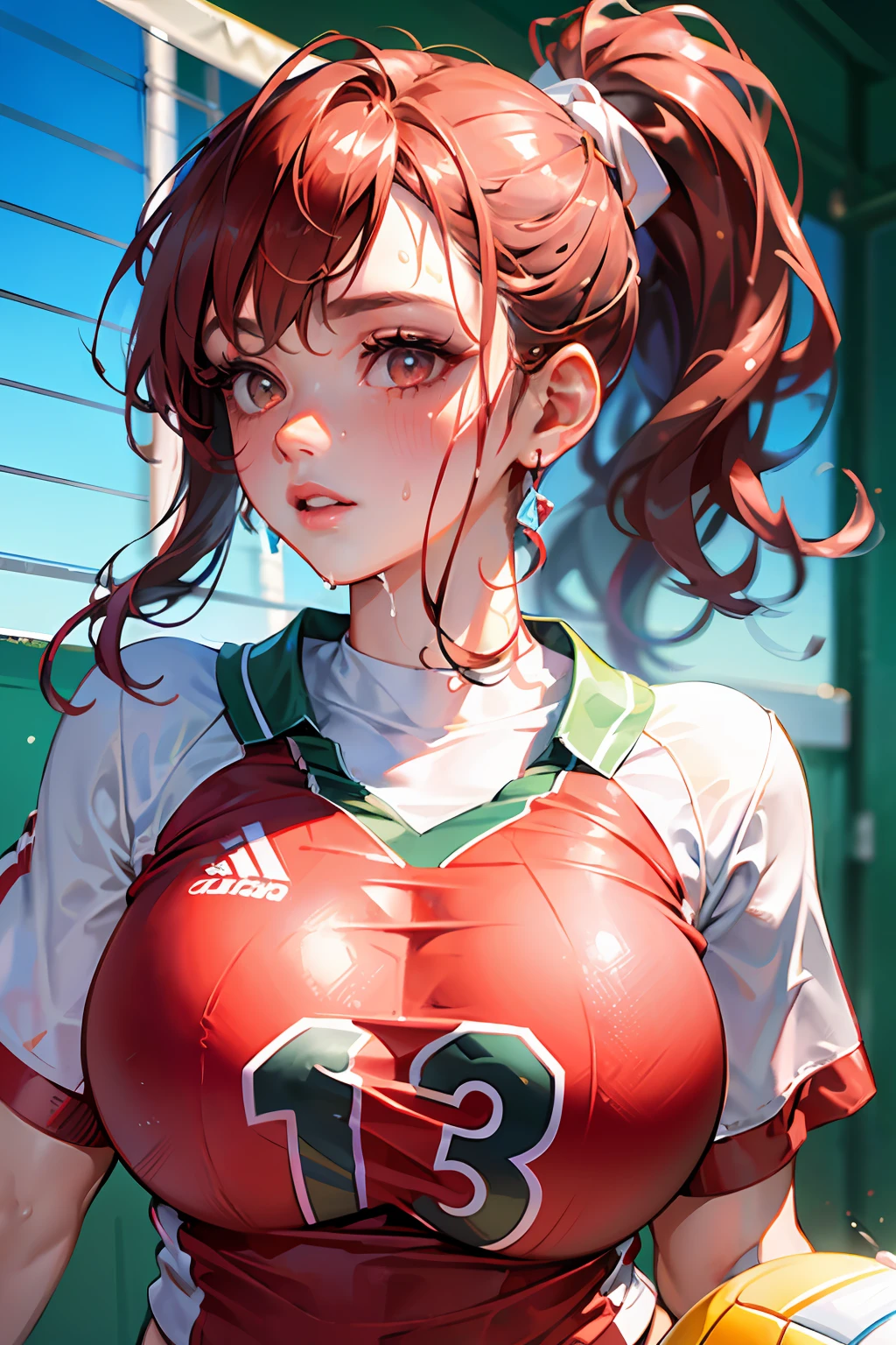 masterpiece:1.2, best quality), realistic, (real picture, intricate details, depth of field), (1girl, solo), make up, parted lips, highly-detailed, perfect face,
(huge breasts:1.4), (skindentation), thick thighs, wide hips, small waist, tall, glossy coral lips,
red hairs, red eyes, ponytail,
(A girl playing volleyball, white volleyball uniform), (sweating:1.2), (wet), sexy, blushing,