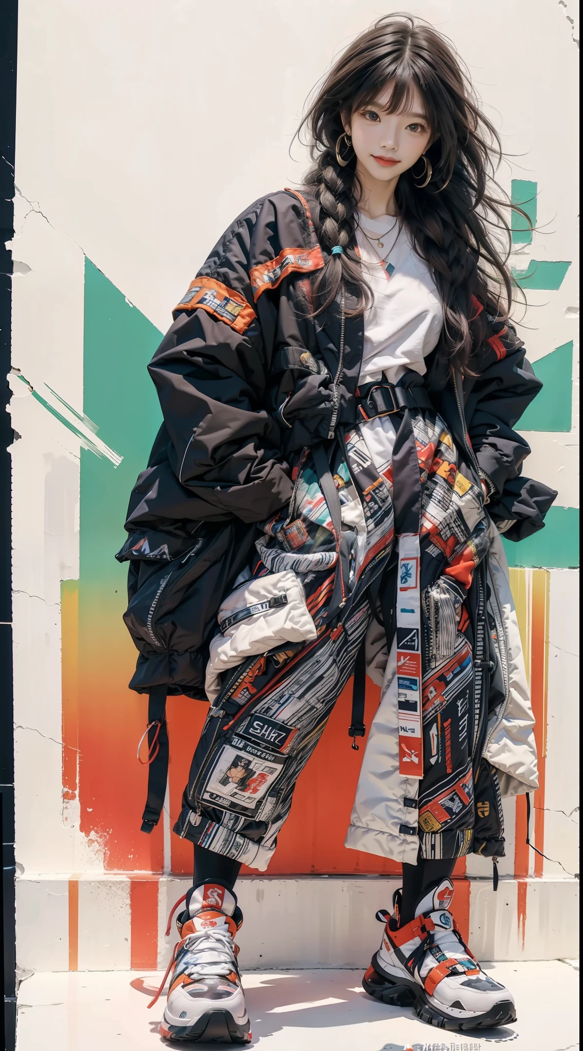 Kizi, Sexy, fully body photo，shoe，Handsome movements，long whitr hair，ssmile，Sideways photo，Colorful color scheme，Trendy clothing，Leave white space above the image，Columnar patch background，Geometric pattern stitching background