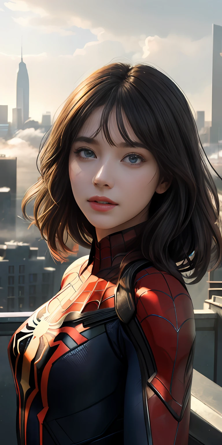 (1girl:1.3), Solo, (((Very detailed face)))), ((Very detailed eyes and face)))), Beautiful detail eyes, Body parts__, Official art, Unified 8k wallpaper, Super detailed, beautiful and beautiful, beautiful, masterpiece, best quality, original, masterpiece, super fine photo, best quality, super high resolution, realistic realism, sunlight, full body portrait, amazing beauty, dynamic pose, delicate face, vibrant eyes, (from the front), She wears Spider-Man suit, red and black color scheme, spider, very detailed city roof background, rooftop, overlooking the city, detailed face, detailed complex busy background, messy, gorgeous, milky white, highly detailed skin, realistic skin details, visible pores, clear focus, volumetric fog, 8k uhd, DSLR, high quality, film grain, fair skin, photo realism, lomography, futuristic dystopian megalopolis, translucent
