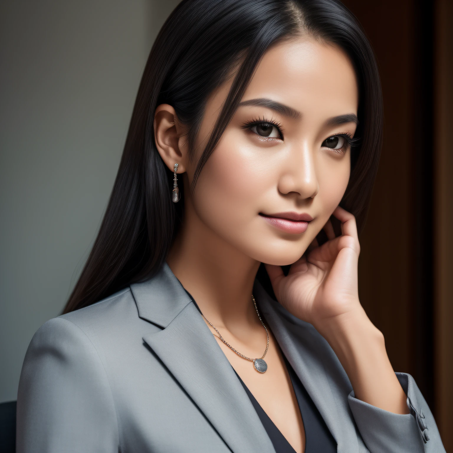 arafed woman in a gray suit posing for a picture, wearing business suit, woman in business suit, wearing a business suit, girl in suit, well lit professional photo, professional closeup photo, wearing black business suit, female in office dress, girl in a suit, close-up professional portrait, indonesian woman, an asian woman, wearing a strict business suit. (makeup:0.3), full body shot:1.3,bokeh:1.2, indoors, smooth skin, necklace, black_hair, realistic_detailed_skin_texture, good hands, good feet, (8k, RAW photo, best quality, masterpiece:1.2), (realistic, photo-realistic:1.37), ultra high res, photon mapping, radiosity, ((Hasselblad photography)),physically-based rendering, professional soft lighting, light on face
