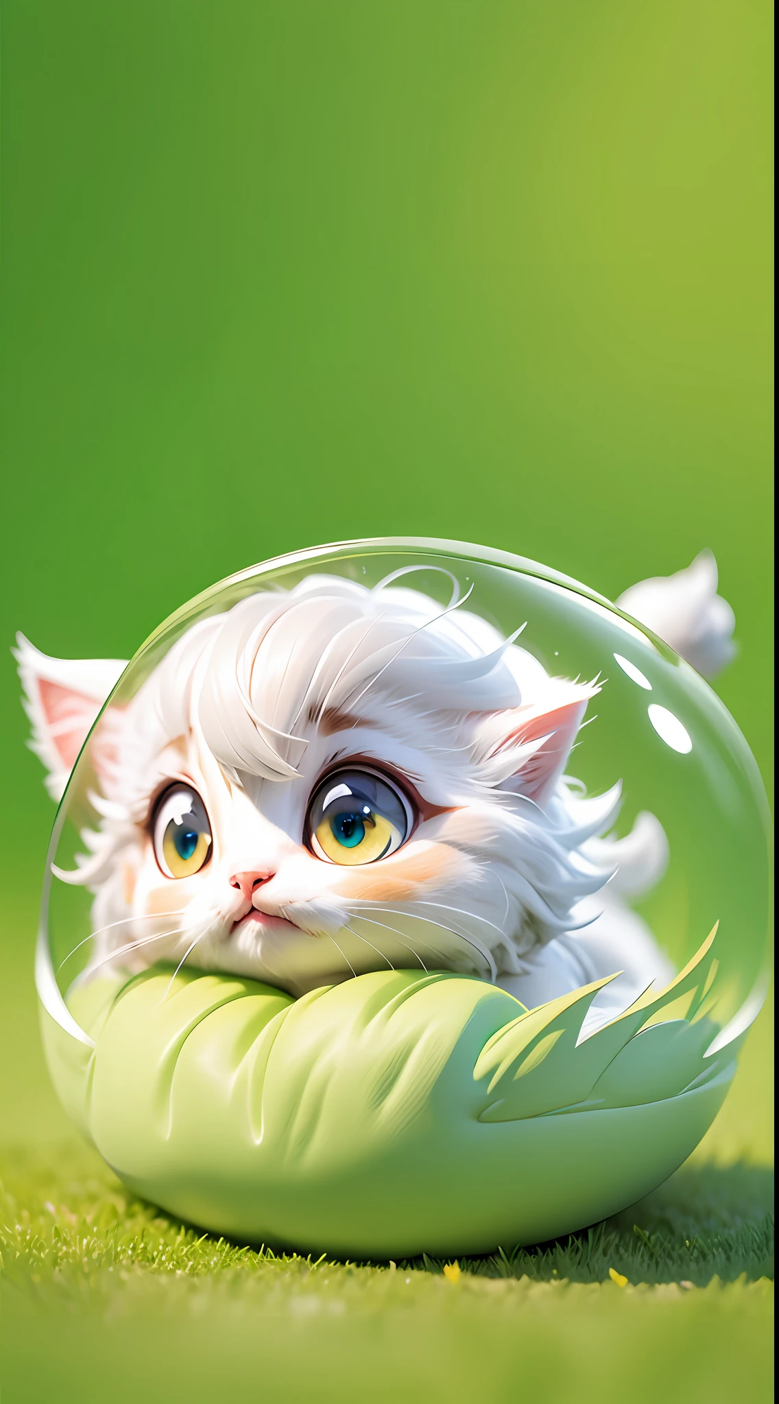 A white-haired kitten,adolable,spherical,cleanness,afloat,shaggy,Big eyes,Non-human,In the green one,Simple,ssmile,Funny,Morandi color system,looking to the right,Turn right