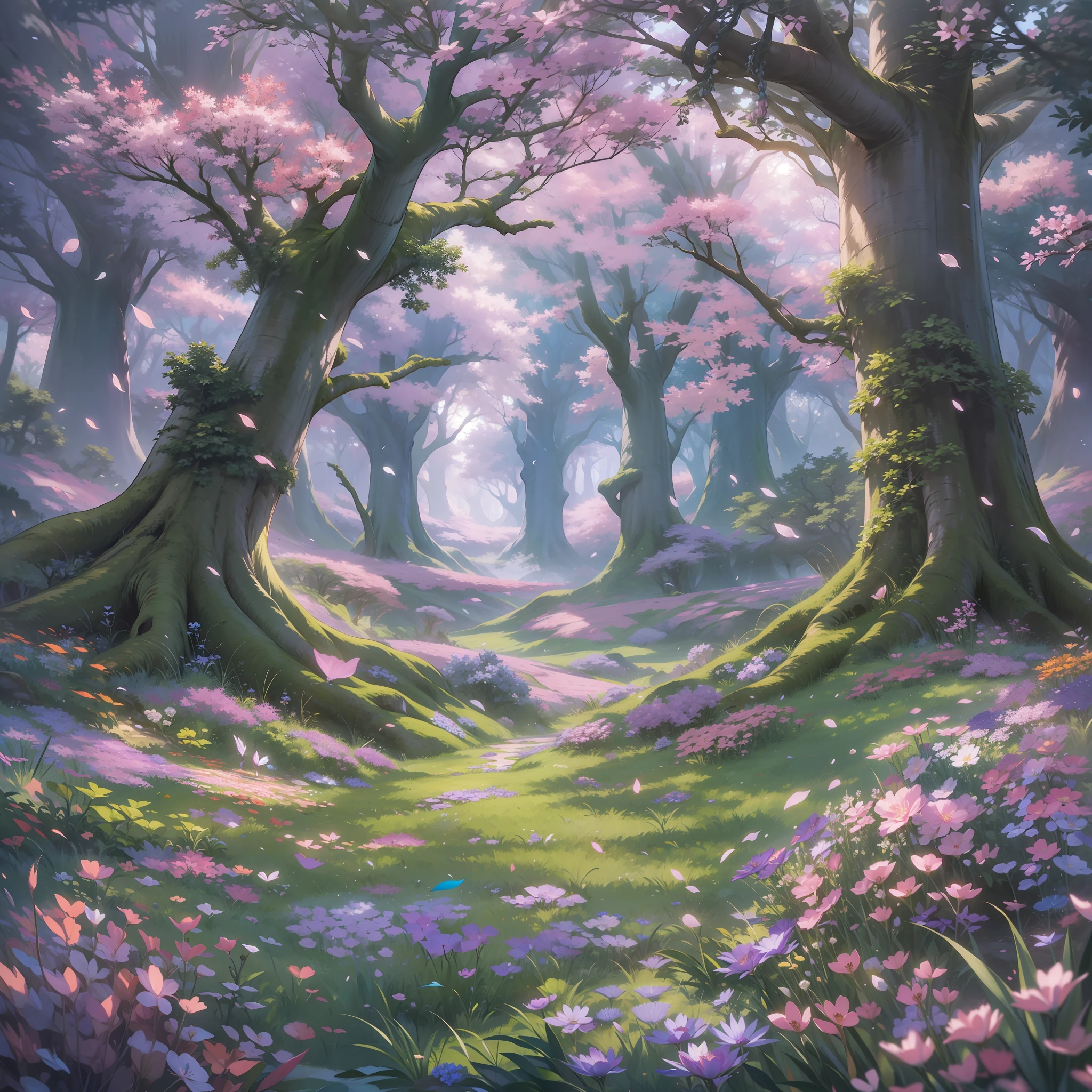 A field of ethereal flowers, with shimmering petals that move with the wind, giant trees of iridescent trunks and mythological creatures grazing in harmony.
