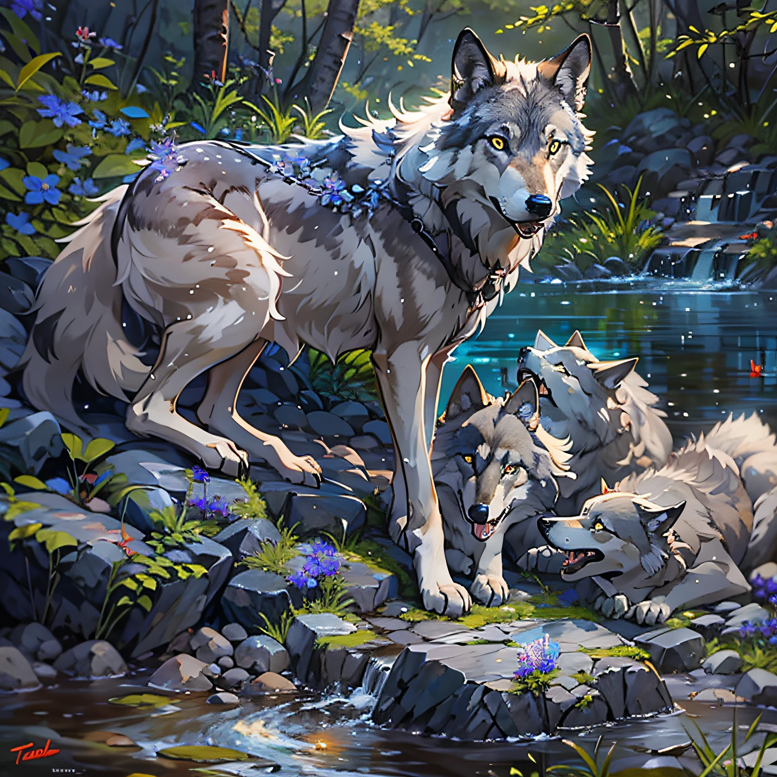 gray wolf,blue color eyes,On a pile of stones by the pond,Fang,Fierce,mouth drool,A pack of wolves below,delicated,tmasterpiece,A high resolution