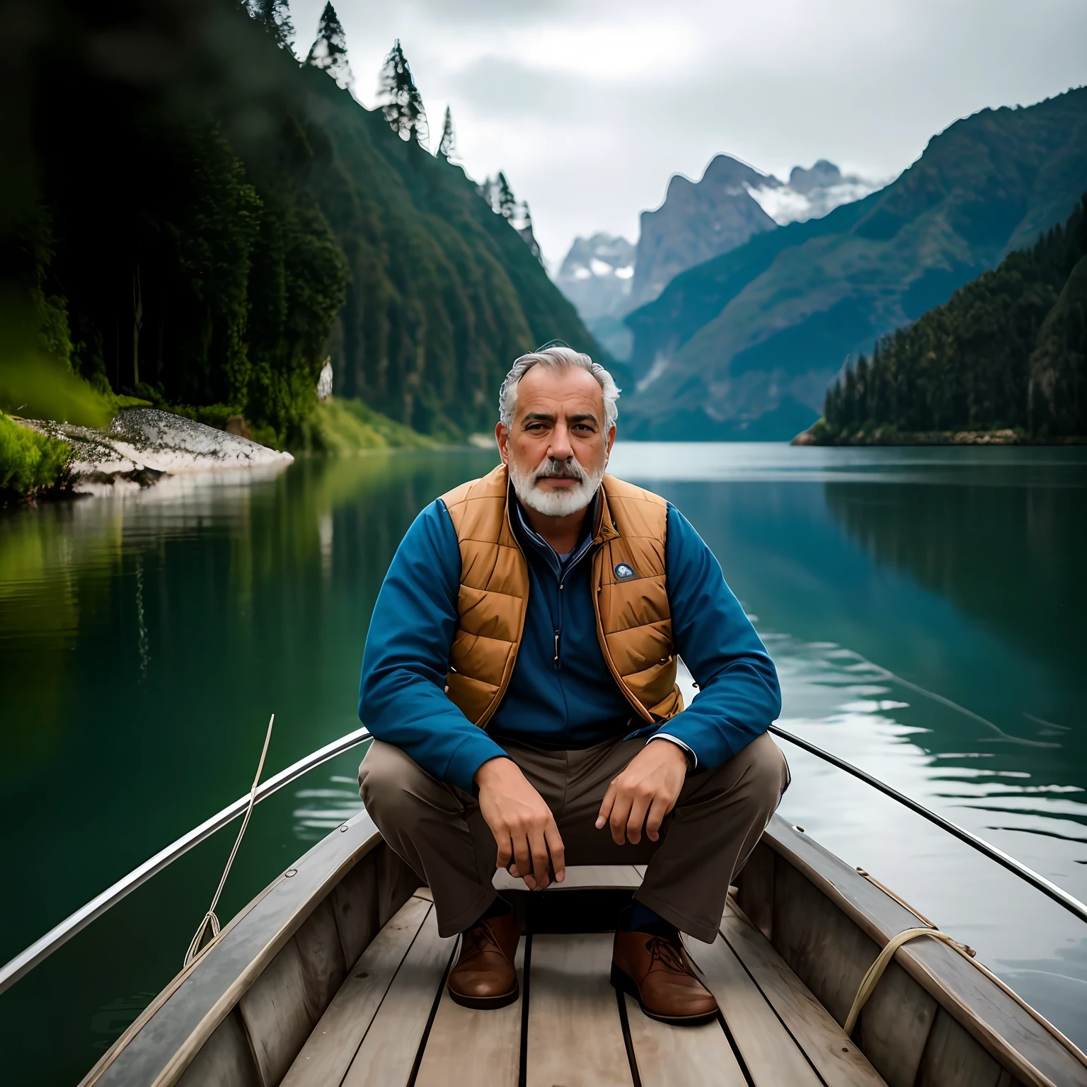 There is a man sitting on a boat on a lake, em um barco em um lago, foto de retrato, Shutterstock, Foto de Stock, homem bonito, foto de retrato detalhada, Perfect portrait composition, a man sitting on a pier, no lago calmo, foto ainda, retrato de alta qualidade, sentado em frente a um lago, retrato perfeitamente centrado, sentado em uma doca de madeira