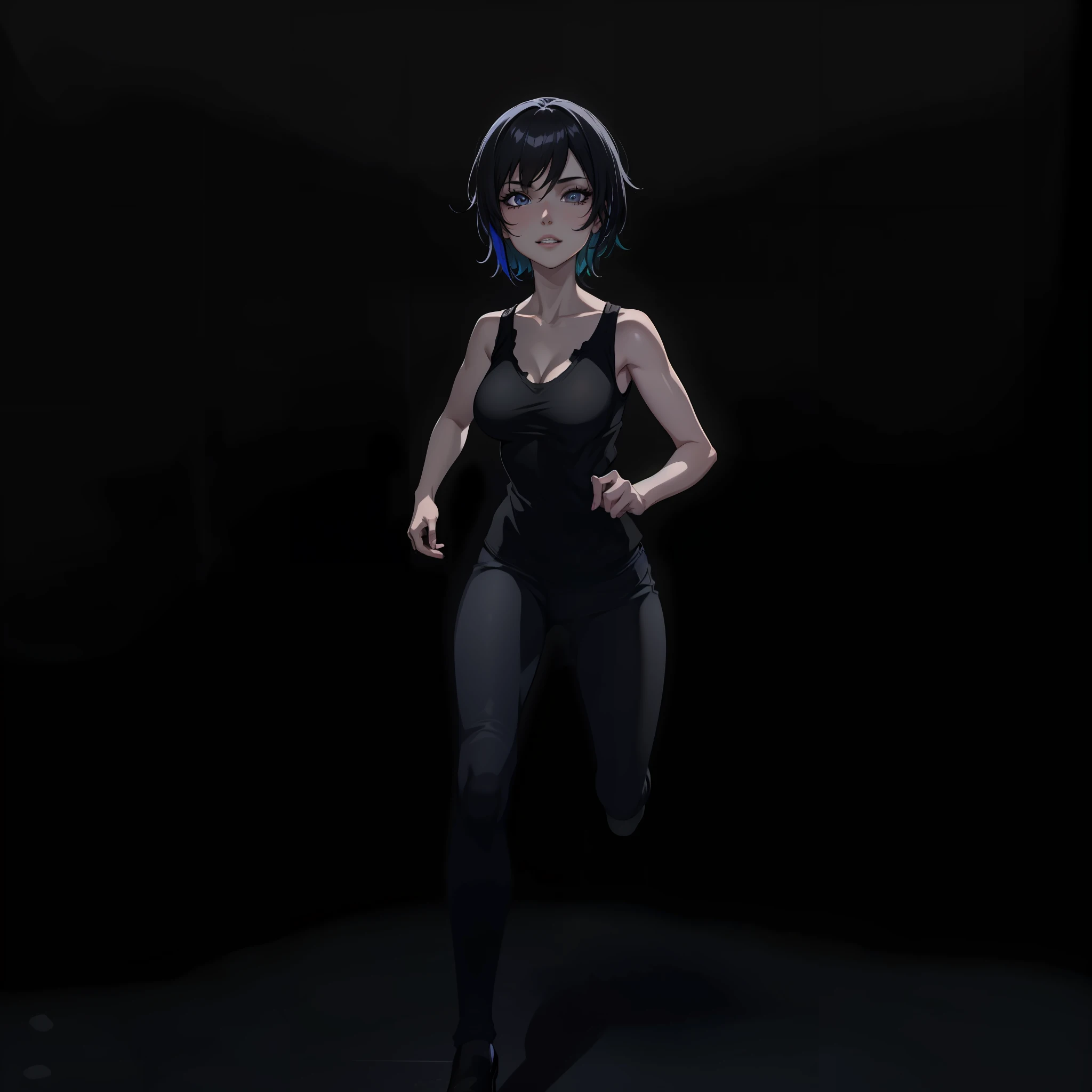 ((Best quality)), ((masterpiece)), ((highly intricate details)),beautiful, high quality, highres, absurdres, light difussion, intricate details, complex details, ((anime)), (anime:1.2) , (perfect face:1.3),colorful, highest detailed, vibrant colors, high contrast, (8K UHD:1.2), (photorealistic:1.2),(masterpiece:1.4), (best quality:1.4),extremely detailed wallpaper, highly detailed illustrations,(super-complex details) , 4K unified, (super-detailed CG: 1.2) , (8K: 1.2),(original), (masterpiece) , (best quality) , (reality: 1.3) , photorealistic, Octane rendering, (surreal: 1.2) ,((masterpiece:1.4, best quality:1.2)),1girl with sharp teeth, visible when a mischievous smile forms on her lips. She wears a tank top with a black jacket and pants, exuding an aura of mystery and power. Her short black hair is messy, adding a scruffy, wild look. His eyes, an intense white without the presence of a retina, emanate an unearthly sensation. Deep dark circles stand out on her pale skin, evidencing her tired and haunted appearance, ((night)), simple background, Dark black background, realistic, full entire body fun pose, render of a cute anime girl, modeled in poser
