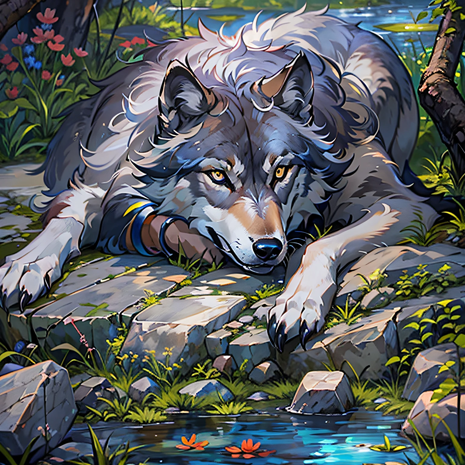 gray wolf,blue color eyes,On a pile of stones by the pond,Fang,Fierce,mouth drool,A pack of wolves below,delicated,tmasterpiece,A high resolution