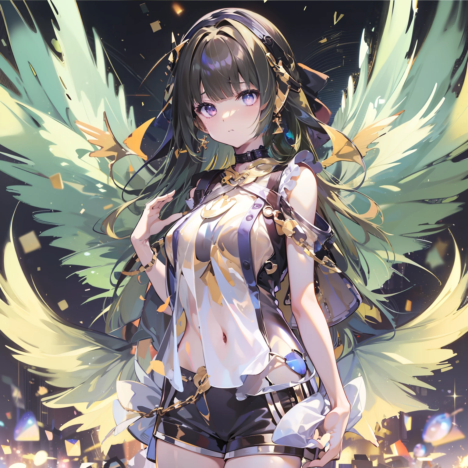 Neutral Girl、Black stockings、White camisole、ＴThe shirt、shortpants、A dark-haired、yellow  eyes、extremely detailed eye、sharp eye、Eye of Desire、Expression of desire、ohwx、、Look here、((A large number of shining elementary particles float))、Studded with a large amount of glowing bubbles、(((Very large wings are attached to the back)))、hiquality、high-level image quality、(Fulll body Shot)、ultra-detailliert、Beautiful scenery、wings must be symmetrical、freehand、.Make the wing size symmetrical、Keep the wings large