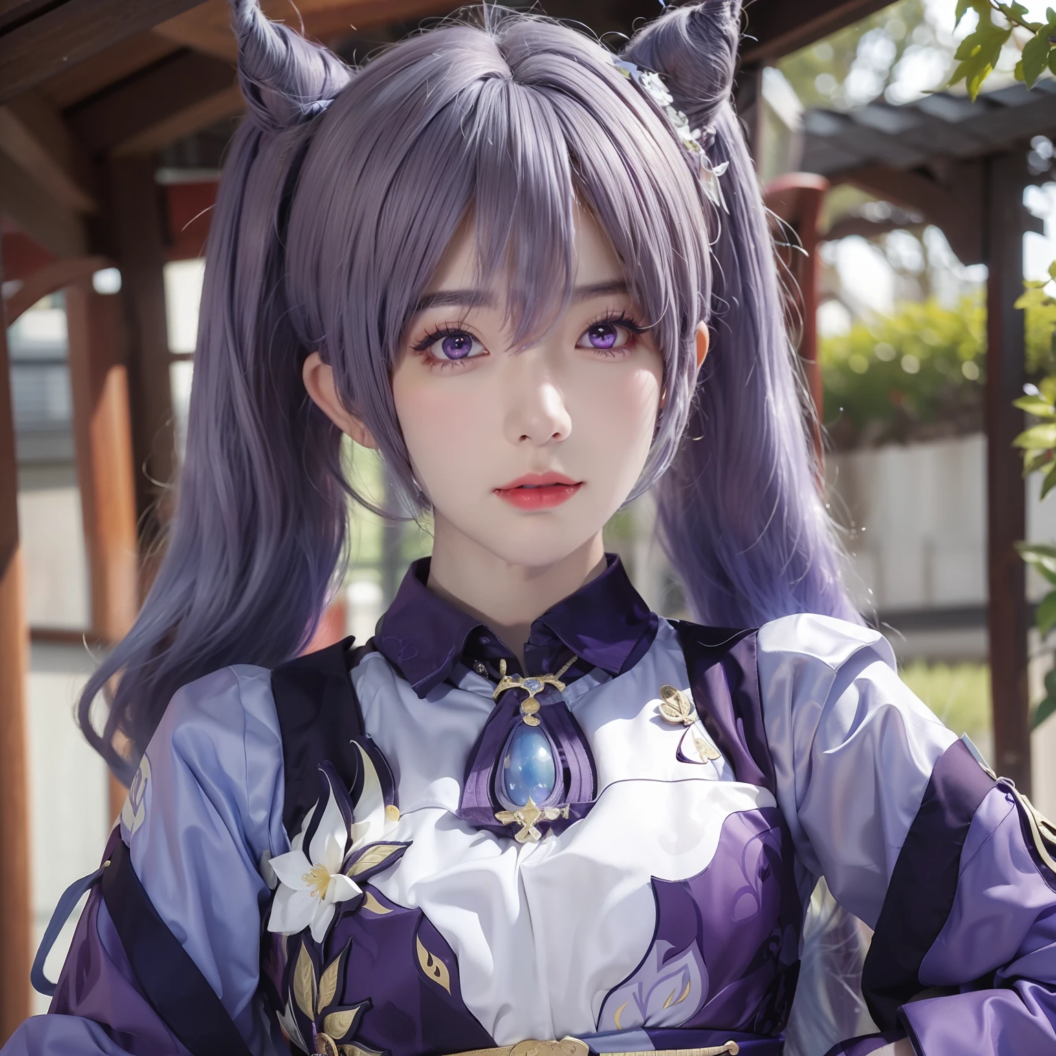 masterpiece, best quality, detailed, depth of field, ultra realistic, photorealistic, realistic face and eyes, realistic skin texture, cinematic lighting, ulzzang-6500,
 1girl, frown, keqing_\(genshin_impact\), purple_eyes, twintails, sharp eyes, cool face, filmg