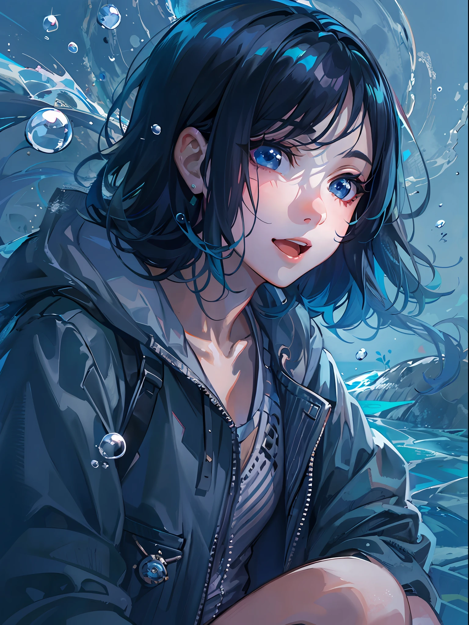 ((top-quality)), ((masterpiece)), ((ultra-detailliert)), (extremely delicate and beautiful), girl with, 独奏, cold attitude,((Black jacket)),She is very(relax)with the(Settled down)Looks,A dark-haired, depth of fields,evil smile,Bubble, under the water, Air bubble,bright light blue eyes,Inner color with black hair and light blue tips,Cold background,Bob Hair - Linear Art, shortpants、knee high socks、Camisole inner shirt、Hands in pockets