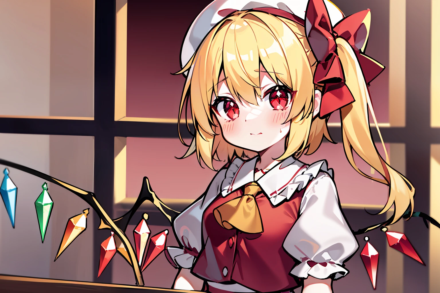 Flandre Scarlet、blushed face、turn pale,、Schools、White soft hat, Red Hat bow, Blonde hair, Side Ponytail, Red Eyes, shiny eyes, tusk, Red vest, Short sleeves, Puffy sleeves, yellow ascot, Red frilled skirt,Overall dark、sparkly eyes