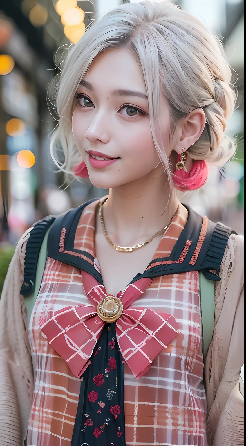 {{(masutepiece) (8K High Resolution) (top-quality) (ultra-definition) (A hyper-realistic) (Beautiful One Girl) (Raw photography) (Photorealsitic) (ighly detailed) (Photographed by a professional photographer) (Perfect beautiful face) (Perfect body) (Face and body without defects) (Detailed beautiful white skin) (biologically correct) (Physically correct) (tre anatomically correct) (Five Fingers) (9th class) (sixteen years old) (japanes) (FULL BODYSHOT)}} (Loose blouse) (Plaid miniskirt) (Walking in the city) (Very beautiful long legs) (Long pink hair) (Distract your gaze) (Very beautiful long eyes) (Very Beautiful Japan Beautiful Girl) (Very beautiful well-groomed face) (narrow beautiful nose,,) (Very cute red lips) (Beautiful thin eyebrows) (Beautiful double eyelids) (Canon F/2.8 500 mm) (blured background) (Thigh stockings) (Cute boots) (Beautiful silver earrings) (Subject of the entire screen) (Cute smile) (Very beautiful Japan face of a person)