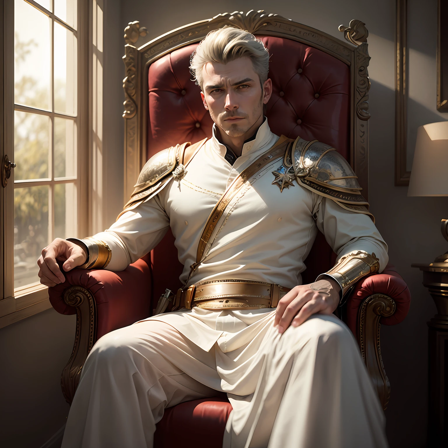 Elegante Homem branco de longos cabelos brancos vestido em uma armadura dourada sentado em um trono branco , cinematic lighthing, profundidade de campo, Man, Realismo, fotorrealista, hiper-realismo, fotografia profissional, UHD, DSLR, HDR