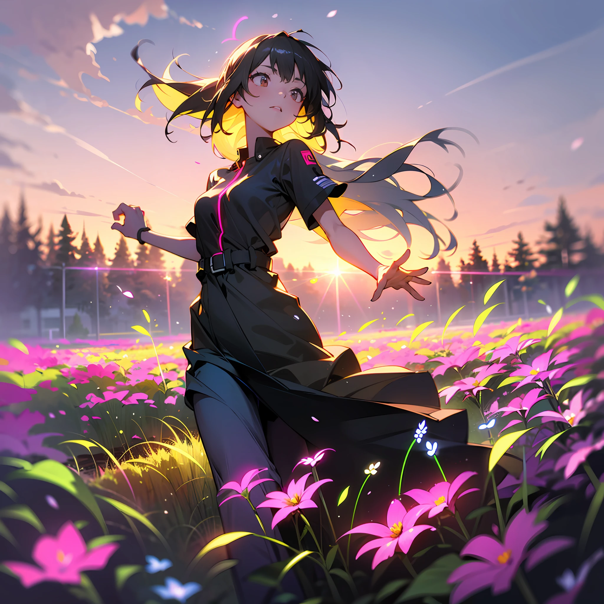 girl running in field, (((neon flowers))), mid shot, portrait, clouds, sunrise