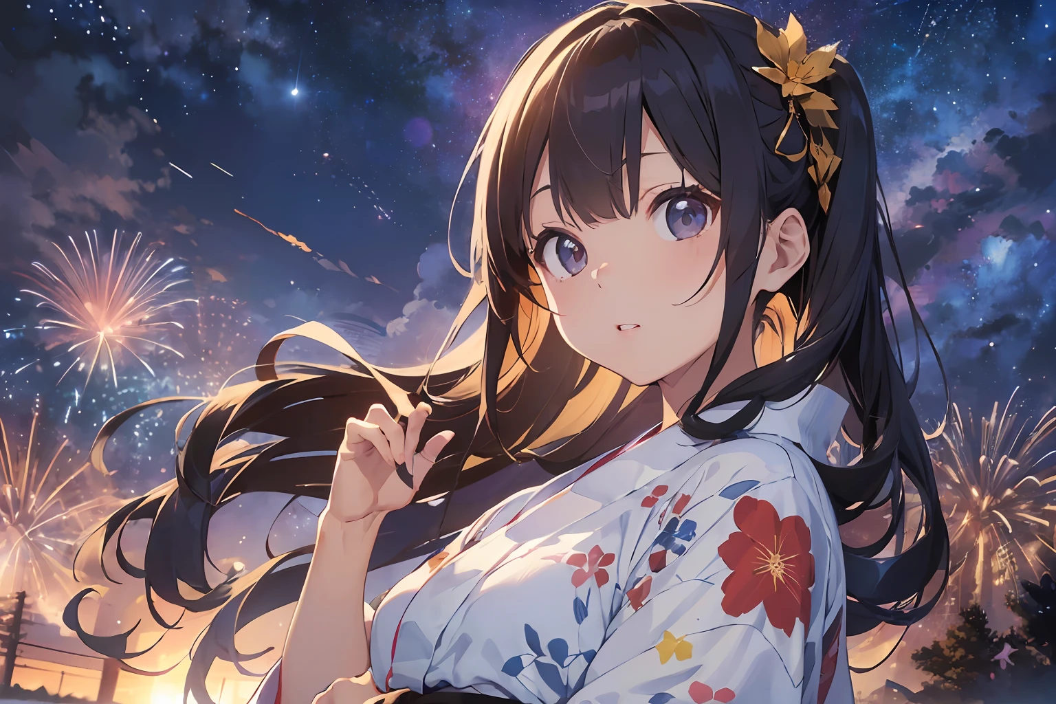 Beautiful Japan girls' yukata、(Vast night sky background),(top-quality、8K、32K、masterpiece、nffsw:1.3)、(Photorealsitic:1.4)、Raw photography、、hair adornments,Character:0.7,Elegant Pose、skyrocket、Fireworks glare、depth of fields、lensflare、