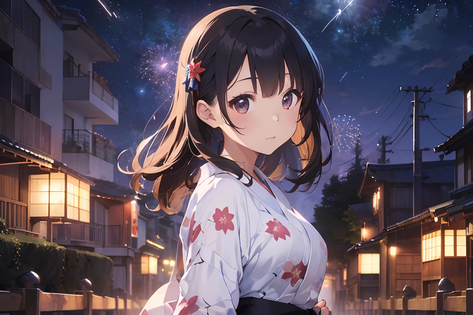 Beautiful Japan girls' yukata、(Vast night sky background),(top-quality、8K、32K、​masterpiece、nffsw:1.3)、(Photorealsitic:1.4)、Raw photography、、hair adornments,Character:0.7,Elegant Pose、skyrocket、Fireworks glare、depth of fields、lensflare、