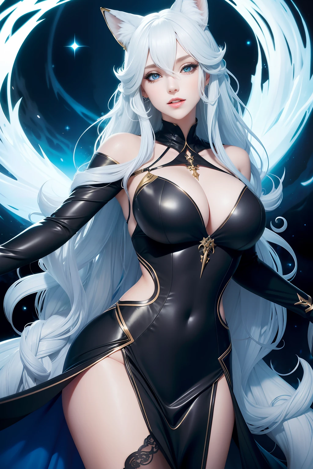woman with,golden curly hair,blue color eyes,White fox ears,Black tight-fitting dress,Devil figure,tmasterpiece,Top stream