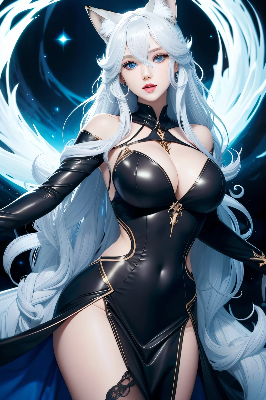 woman with，golden curly hair，blue color eyes，White fox ears，Black tight-fitting dress，Devil figure，tmasterpiece，Top stream