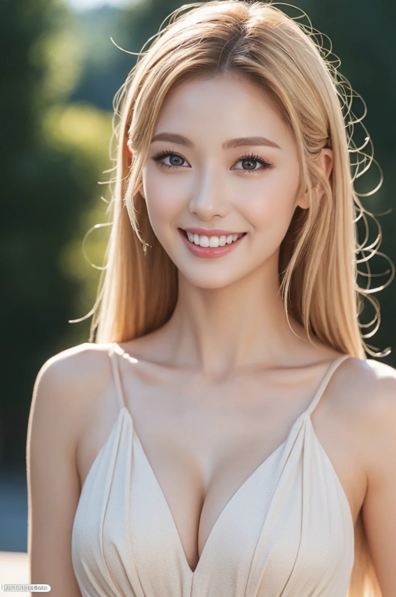 (top-quality、8K、​masterpiece)、1 girl in、beautfull Japanease woman、thin-waist、Beautiful Women in Perfect Style：1.4、Colossal tits:1.3、finerly detailed face、A smile、a blond、makeup、sexy dress、full body Esbian、a gorgeous