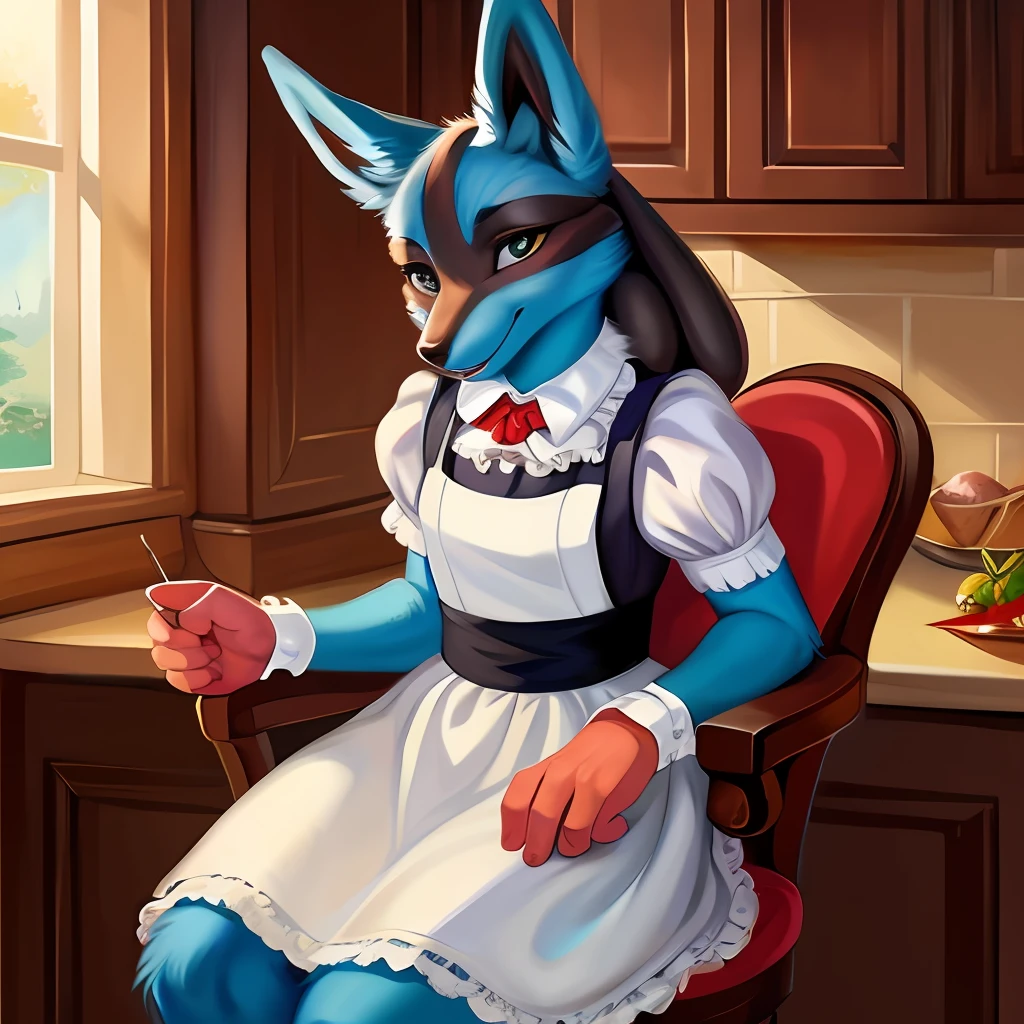 8K, ((Meisterwerk)),best quality, (max quality),high resolution,Hohe Detailgenauigkeit,Max. Details,detailliertes Gesicht, detaillierte, klare Augen und Pupillen,Lucario, (sitzt mit baumelnden Beinen auf dem Tisch), Maid Uniform,kitchen,von Chunie, von smitty g,von Personalami,von honovy cute y sitting