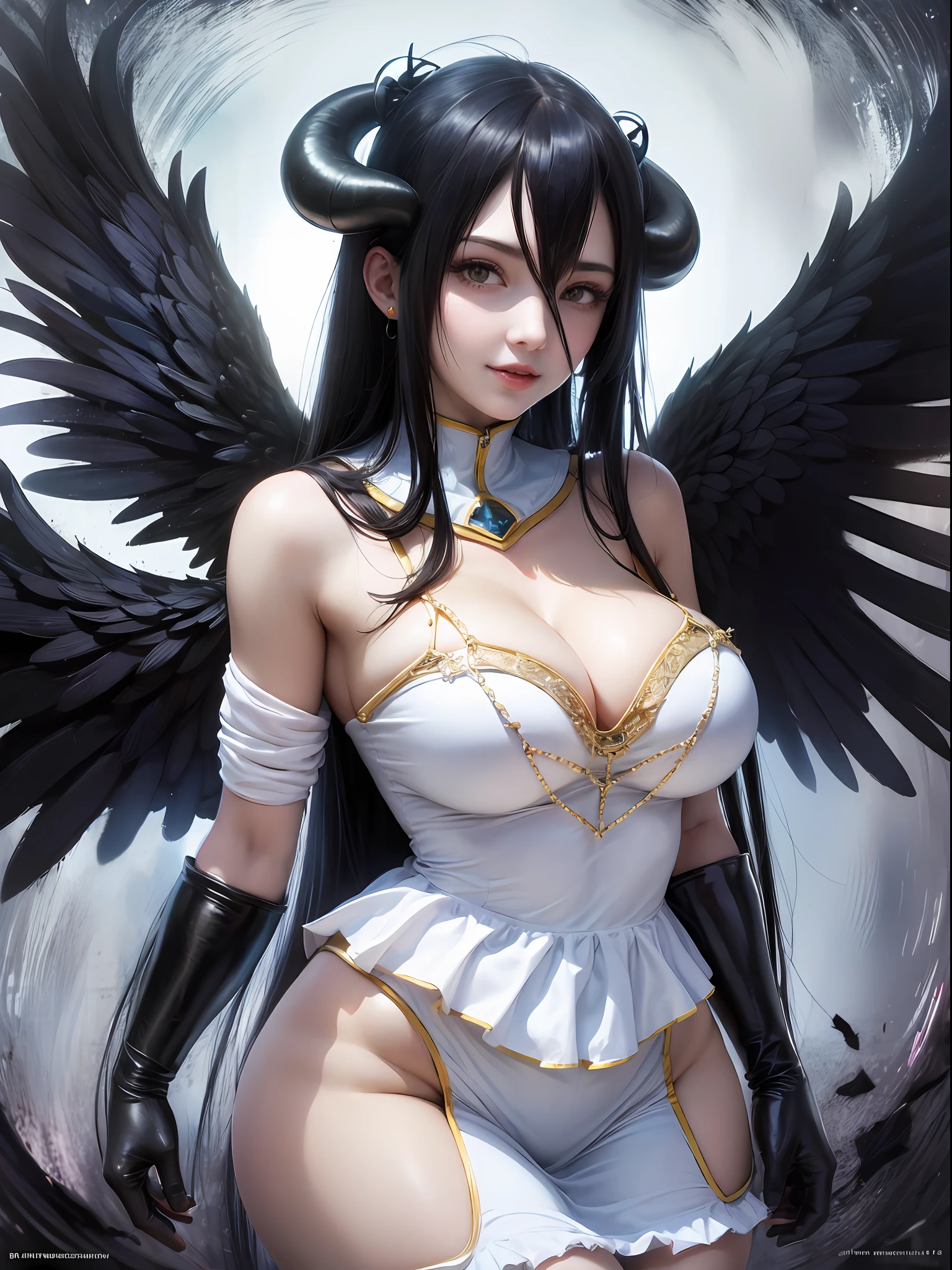 masterpiece, best quality, highres, al1, demon horns, slit pupils, white gloves, white dress, bare shoulders, detached collar, cleavage, black wings, feathered wings, low wings, cowboy shot, standing, smile, dungeon, evil smile, white dress, huge boobs, huge ass, nasty, sexy, al1, demon horns, white gloves, white dress, bare shoulders, detached collar, cleavage, slit pupils, black wings, feathered wings, low wings