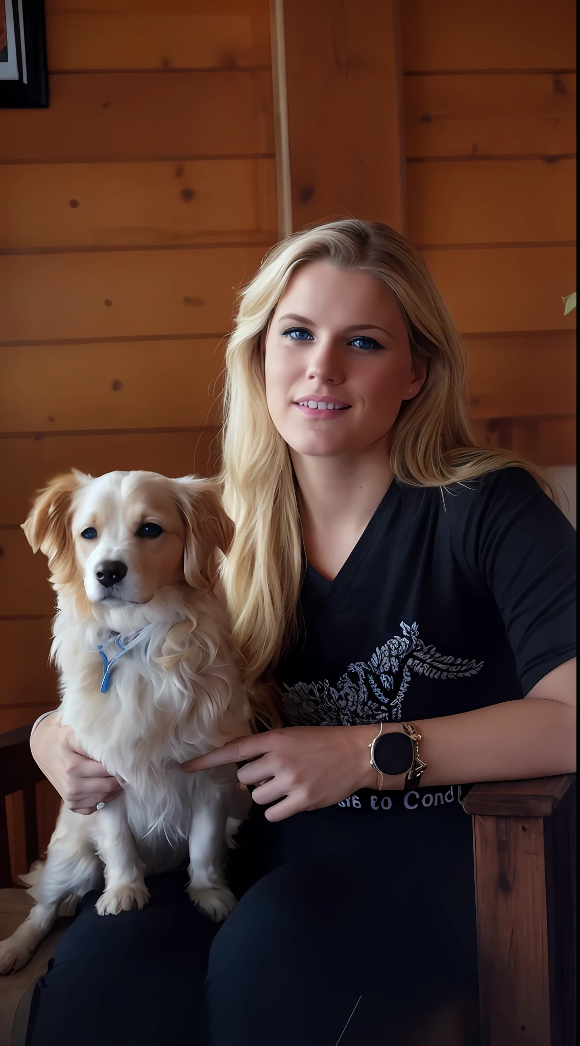 blonde woman with blue eyes and serious face, looking at camera.