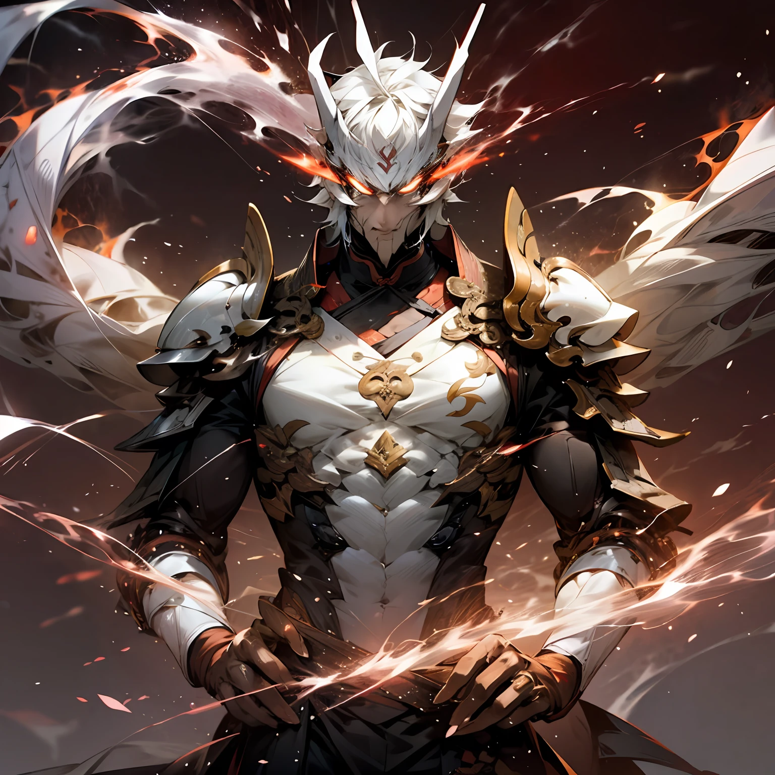 Nichimanga style, Zen ZEN, 1 man, delicate face, wearing armor, surrounded by Chinese characters, with lightning bolts on his body, a divine dragon behind his back, perfect hands, normal fingers, zen