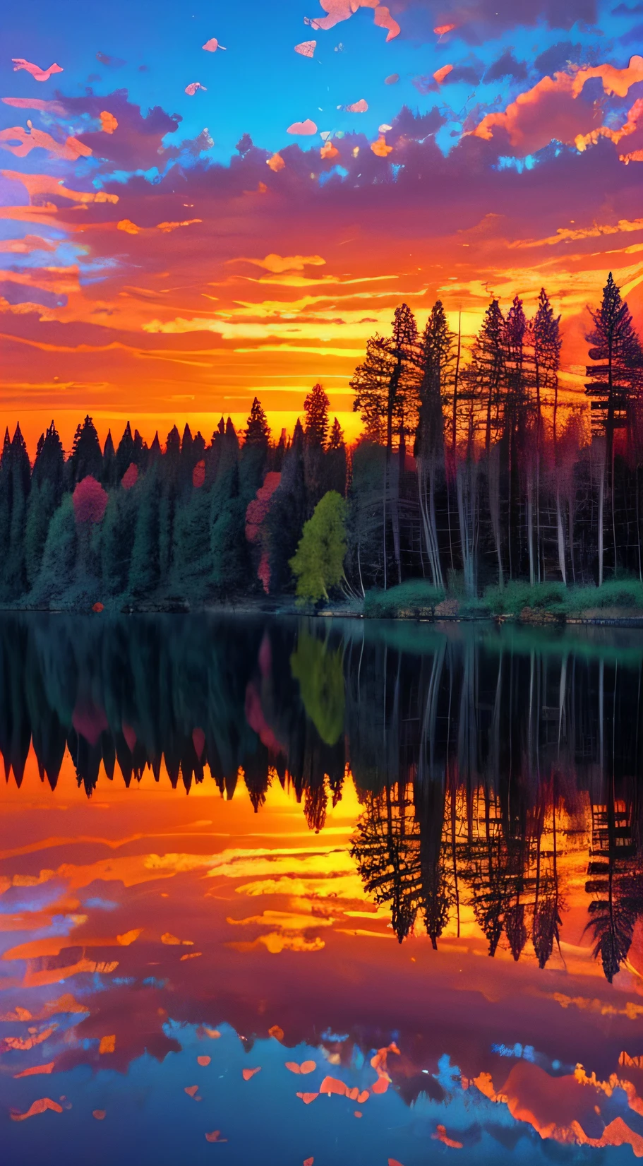 there is a beautiful sunset with a lake and trees in the background, colorful skies, surreal colors, colorful sunset, colorful sky, marvellous reflection of the sky, stunning sky, dream like atmosphere 8k, colorful clouds, colors reflecting on lake, surreal sky, red and blue reflections, fire reflection, beautiful sky, beautiful and spectacular dusk, beautiful dreamy landscape, amazing sky