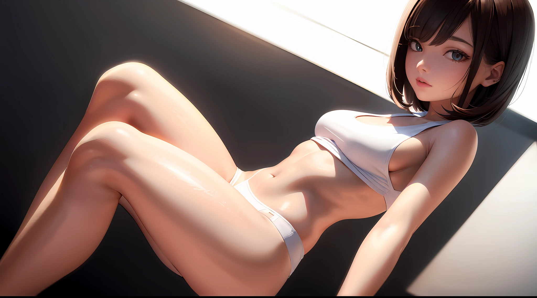 one-girl,Short white top,Beautiful face,Brunette masterpiece,Brightens skin,Long skin-revealing hair,Mini shorts,Dynamic light and shadow,tmasterpiece,The eyes are delicate,pupil realistic,smallunderboob:1.2,(Thigh thick:1.0)
