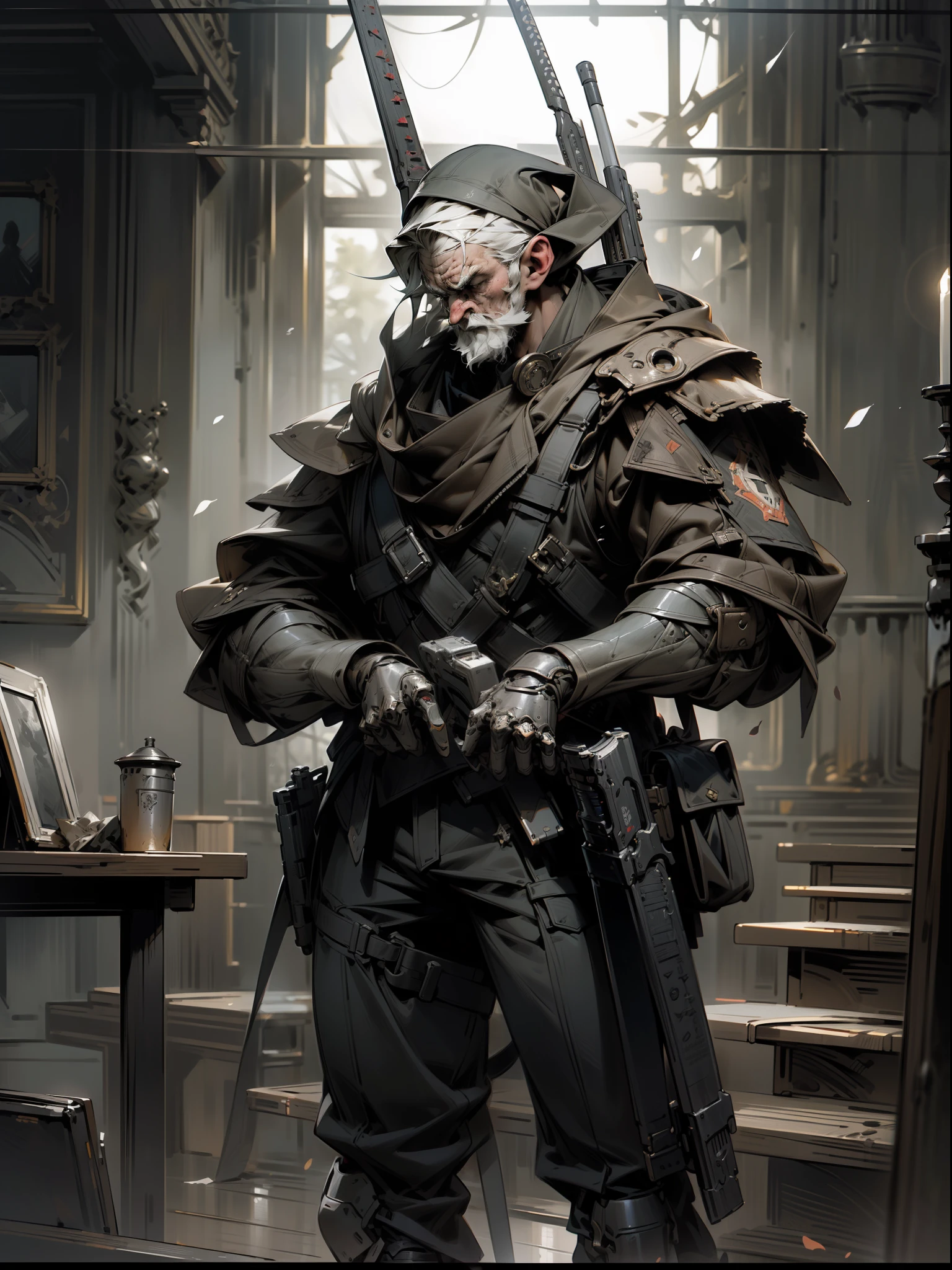 (((Masterpiece))),(((Best quality))),(((Amazing detail))),((illustration)),((A high resolution)),((8K)),escape from Tarkov,PMC,ink painting,monochrome,modern,battle,war,combat,Battle Stance,Combat posture,Shooting preparation,realistic,Decolorization,chiaroscuro, backlighting, dithering,Correct firearms construction,dark style