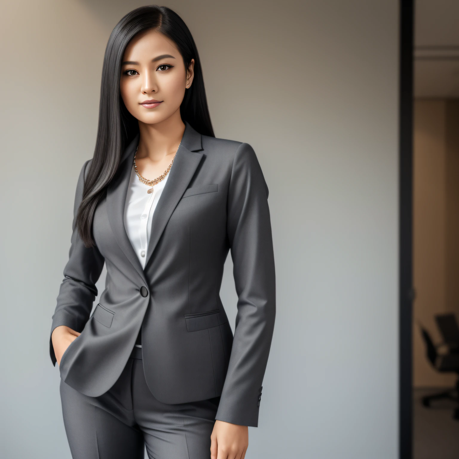 arafed woman in a gray suit posing for a picture, wearing business suit, woman in business suit, wearing a business suit, girl in suit, well lit professional photo, professional closeup photo, wearing black business suit, female in office dress, girl in a suit, close-up professional portrait, indonesian woman, an asian woman, wearing a strict business suit. (makeup:0.3), full body shot:1.3,bokeh:1.2, indoors, smooth skin, necklace, black_hair, realistic_detailed_skin_texture, good hands, good feet, (8k, RAW photo, best quality, masterpiece:1.2), (realistic, photo-realistic:1.37), ultra high res, photon mapping, radiosity, ((Hasselblad photography)),physically-based rendering, professional soft lighting, light on face