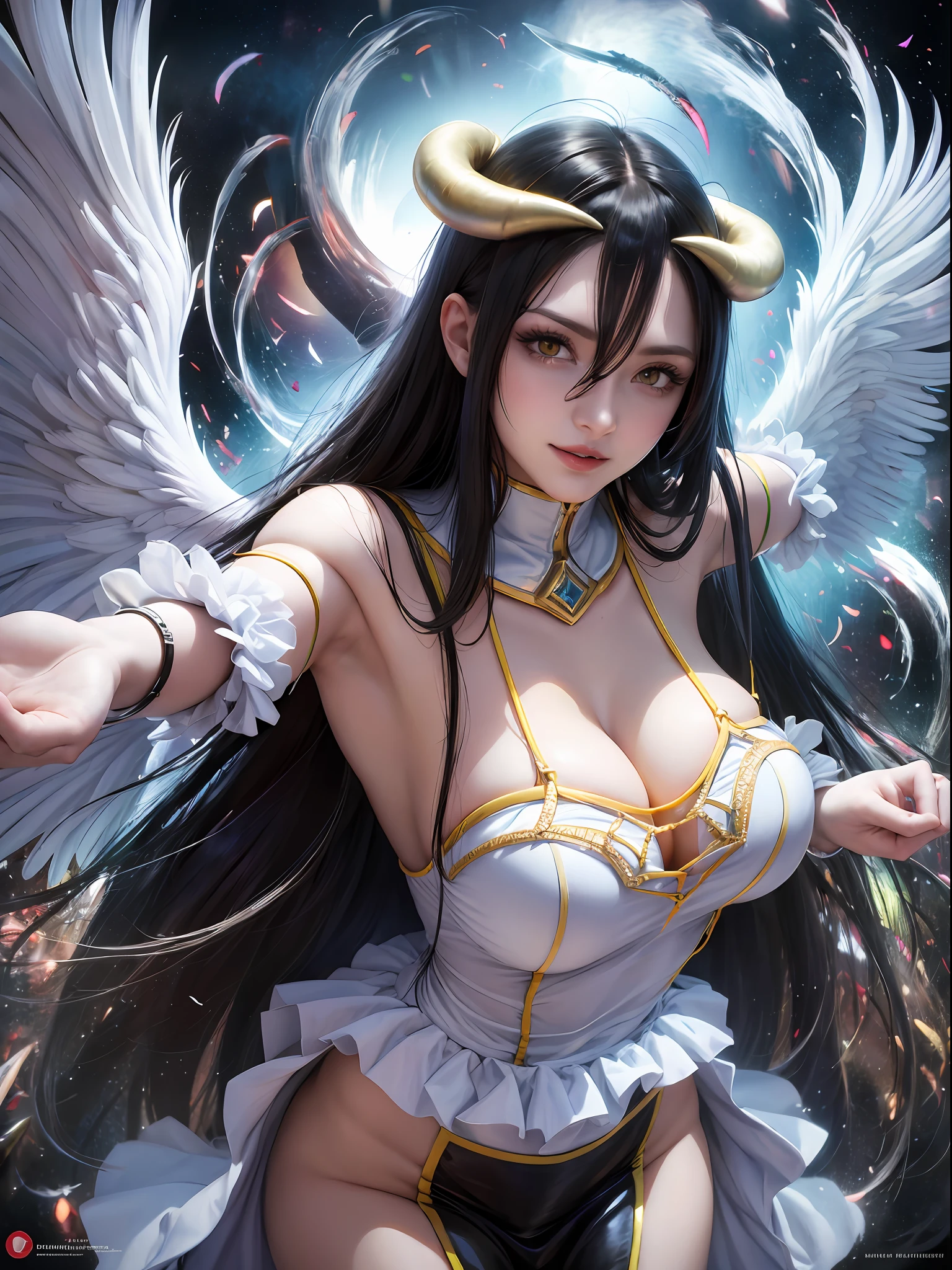 masterpiece, best quality, highres, al1, demon horns, slit pupils, white gloves, white dress, bare shoulders, detached collar, cleavage, black wings, feathered wings, low wings, cowboy shot, standing, dungeon, evil smile, reaching out, spread arms, outstretched arms,